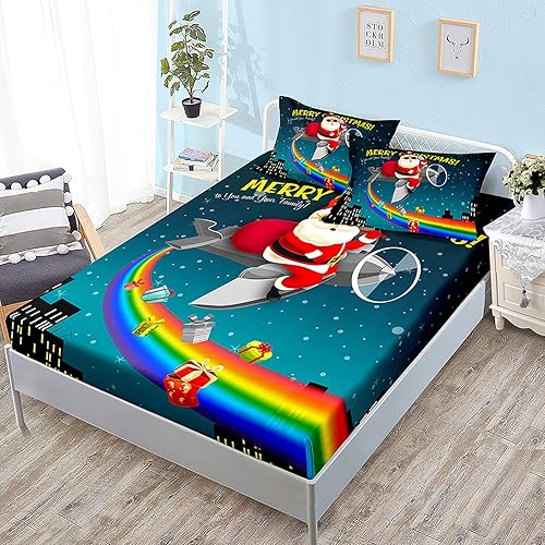 ZYFAB Christmas Fitted Sheet Set Elk Bedding Sheet SetUltra Soft Bed Cover Christmas Tree Printed Bedspread New Year Gift Bedroom DecorESingle