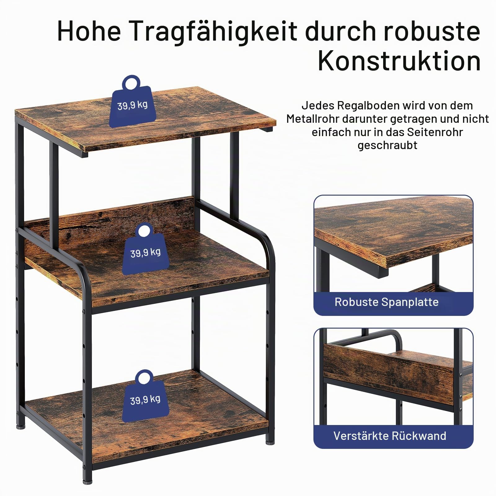 Huhote 3-stöckiger Druckerständer, Druckertisch mit Rollen, Metall Druckerwagen, Druckerregal für Büro, Zuhause, Schule und Arbeitszimmer, Druckerschrank für Fax, Kopierer, Scanner (Holzfarbe)