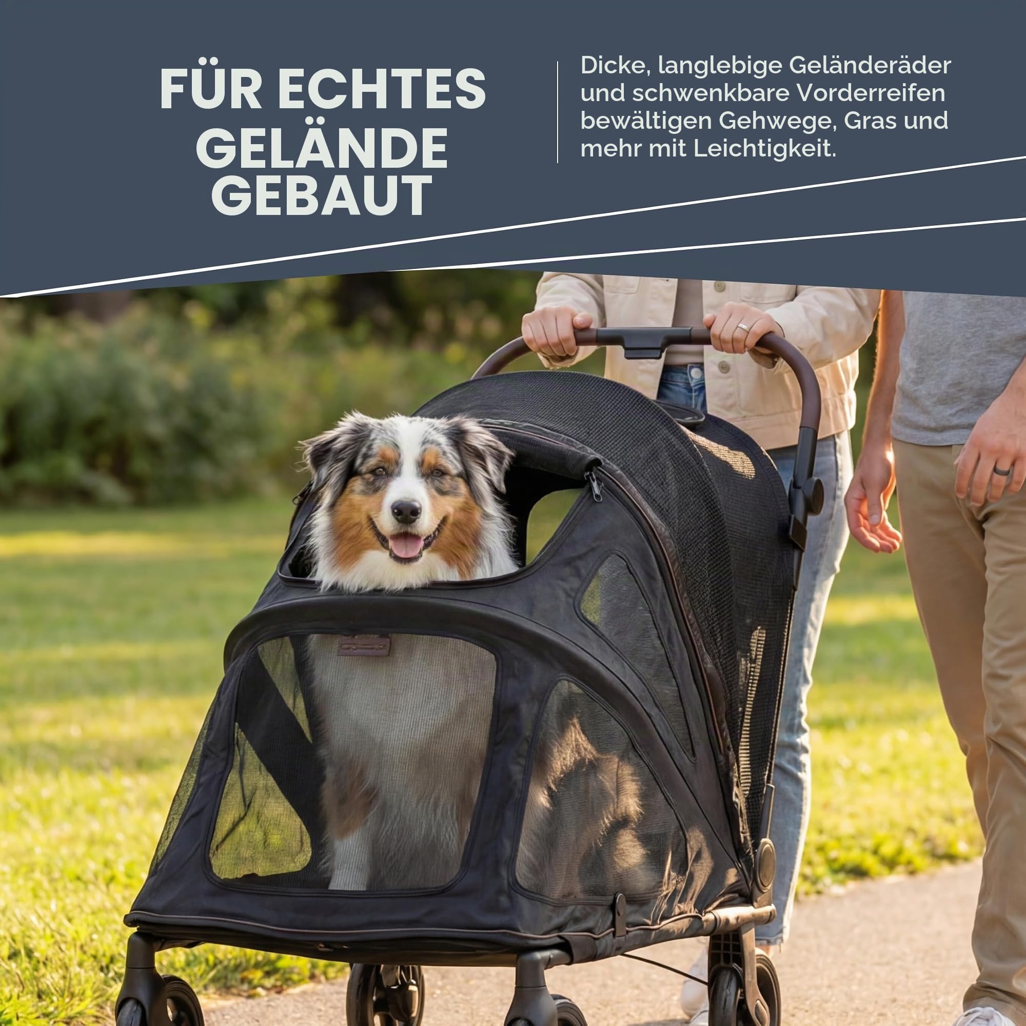 Wonderfold PFL Pet Large Premium Flat Fold Stroller – faltbarer Hundebuggy bis 45?kg, All?Terrain Räder, großer Einstieg, atmungsaktive Netze, flach faltbar – Jet Black