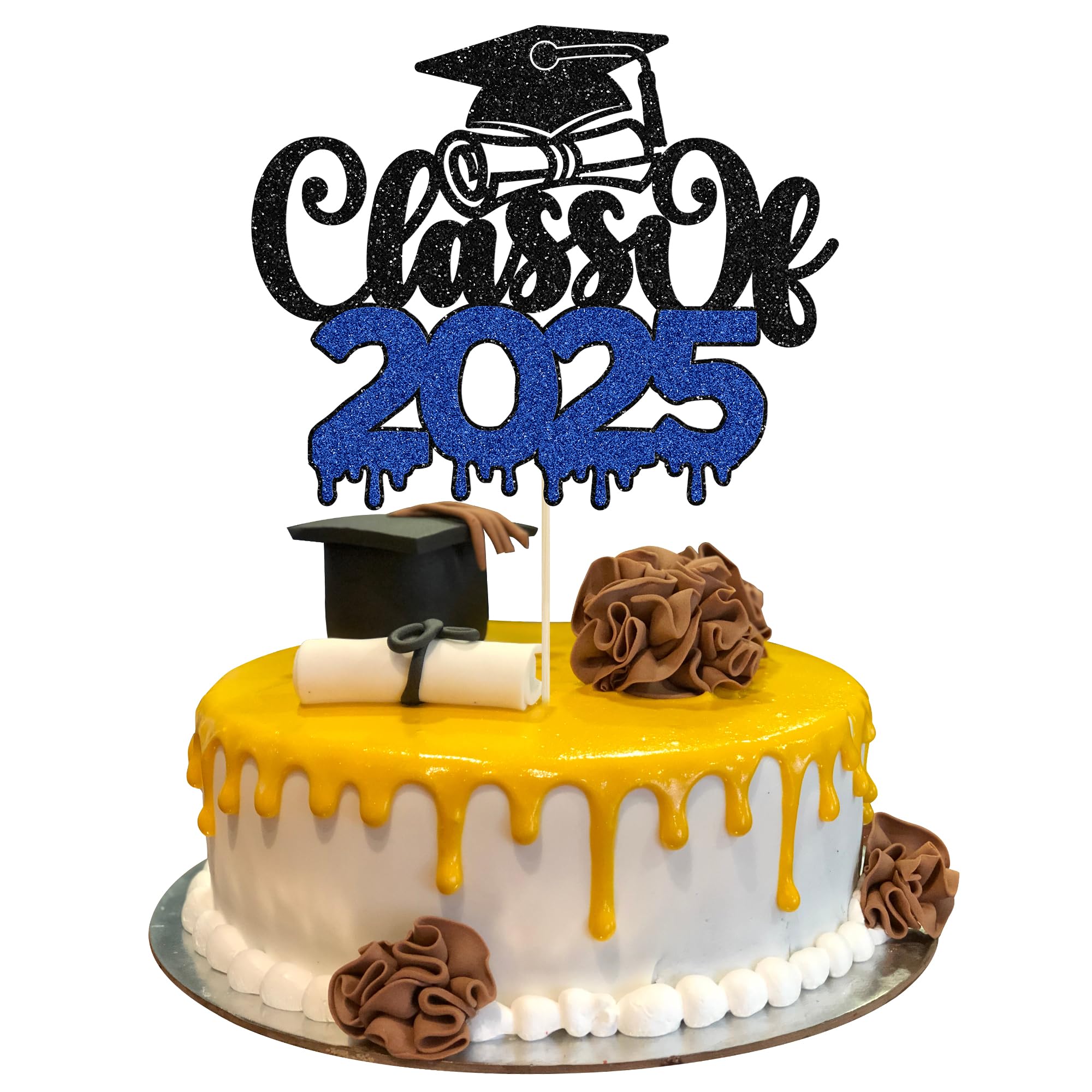 1Pc Class of 2025 Cake Topper Glitter Congrats Grad Cap 2025 Graduation Cake Pick for 2025 Graduation Theme High School Boys Girls Graduate Party Cake Decorations Supplies Black Blue