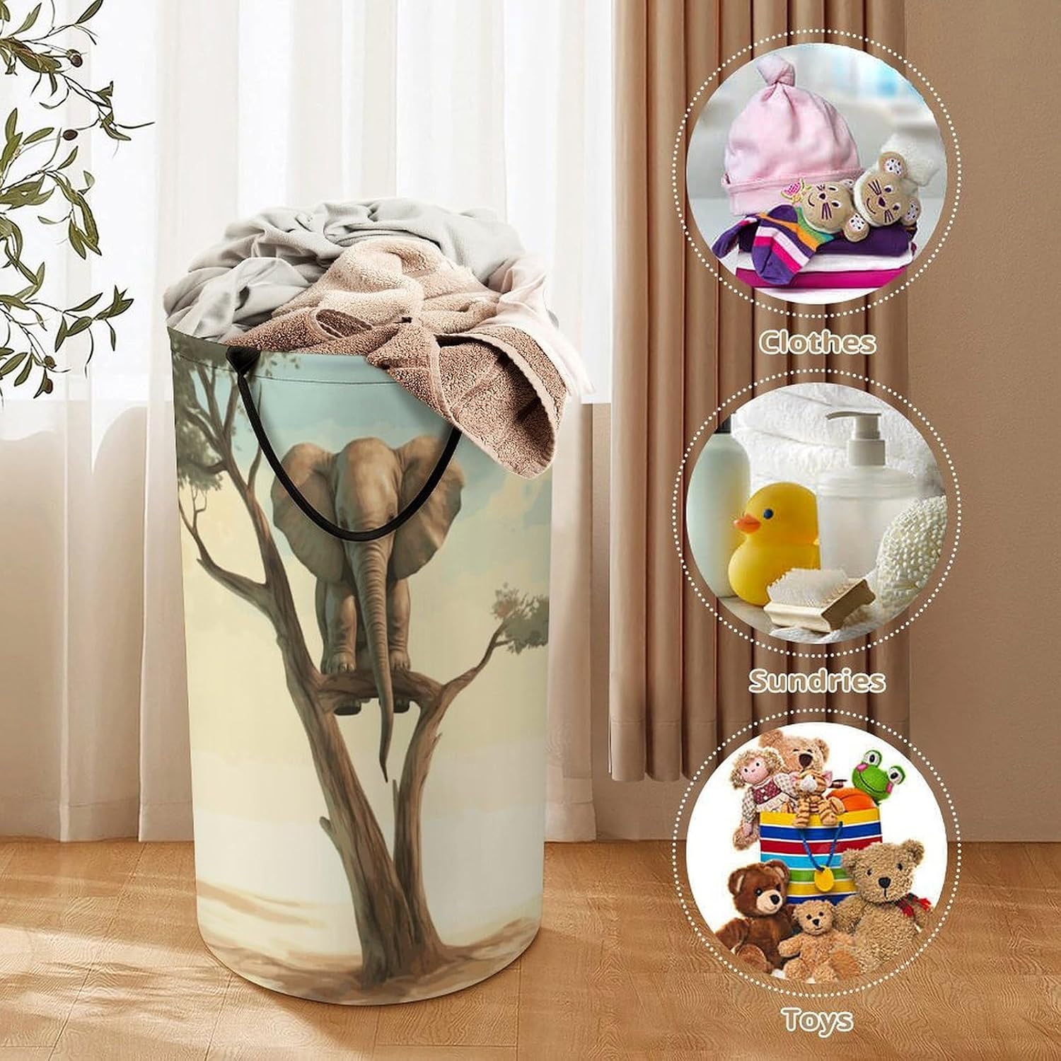 Large Laundry Hamper with Handles Little Elephant on Tree Laundry Basket Freestanding Waterproof Clothes Hamper for Living Room Bedroom Bathroom College Dorm