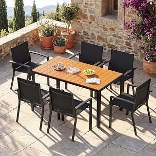 UDPATIO Wetterfest Gartenmöbel Set 7-TLG, Aluminium WPC Gartentisch + 6er Gartenstühle Stapelbar mit Armlehnen, Terrassenmöbel Balkonmöbel für Garten,Terrasse,Veranden, Teakbraun + Schwarz