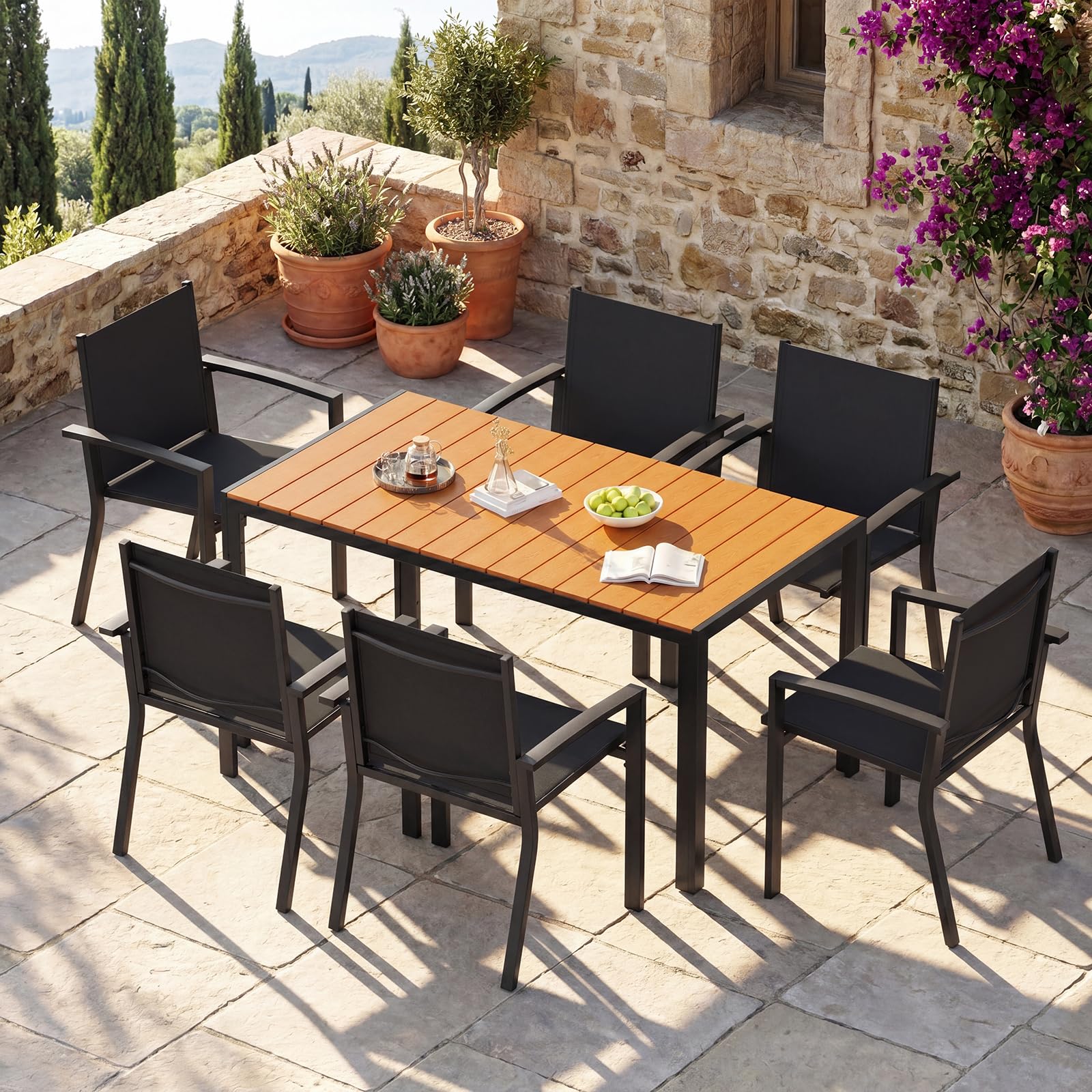 UDPATIO Wetterfest Gartenmöbel Set 7-TLG, Aluminium WPC Gartentisch + 6er Gartenstühle Stapelbar mit Armlehnen, Terrassenmöbel Balkonmöbel für Garten,Terrasse,Veranden, Teakbraun + Schwarz