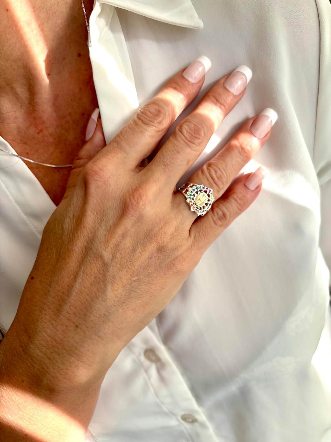Our Lady of Guadalupe Ring for Women • 925 Sterling Silver with 10K Gold Overlay • Virgen de Guadalupe Catholic Religious Ring with Multicolor Stones • Faith Jewelry Gift