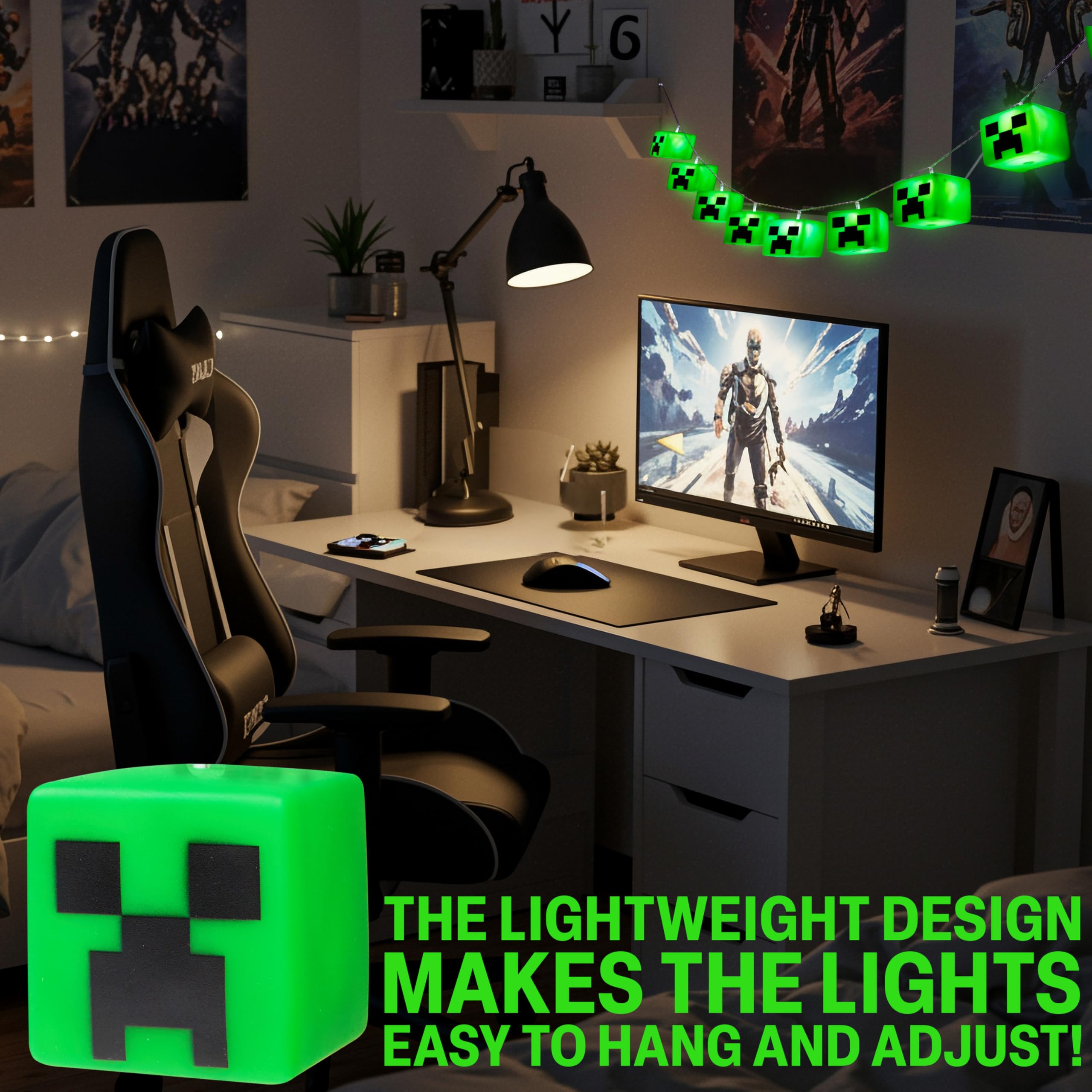 Minecraft Guirlande Lumineuse Creeper LED 165cm Guirlande Lumineuse à Piles Décoration Intérieure Gamer 2 Modes Déco Chambre Idée Cadeau Garçon