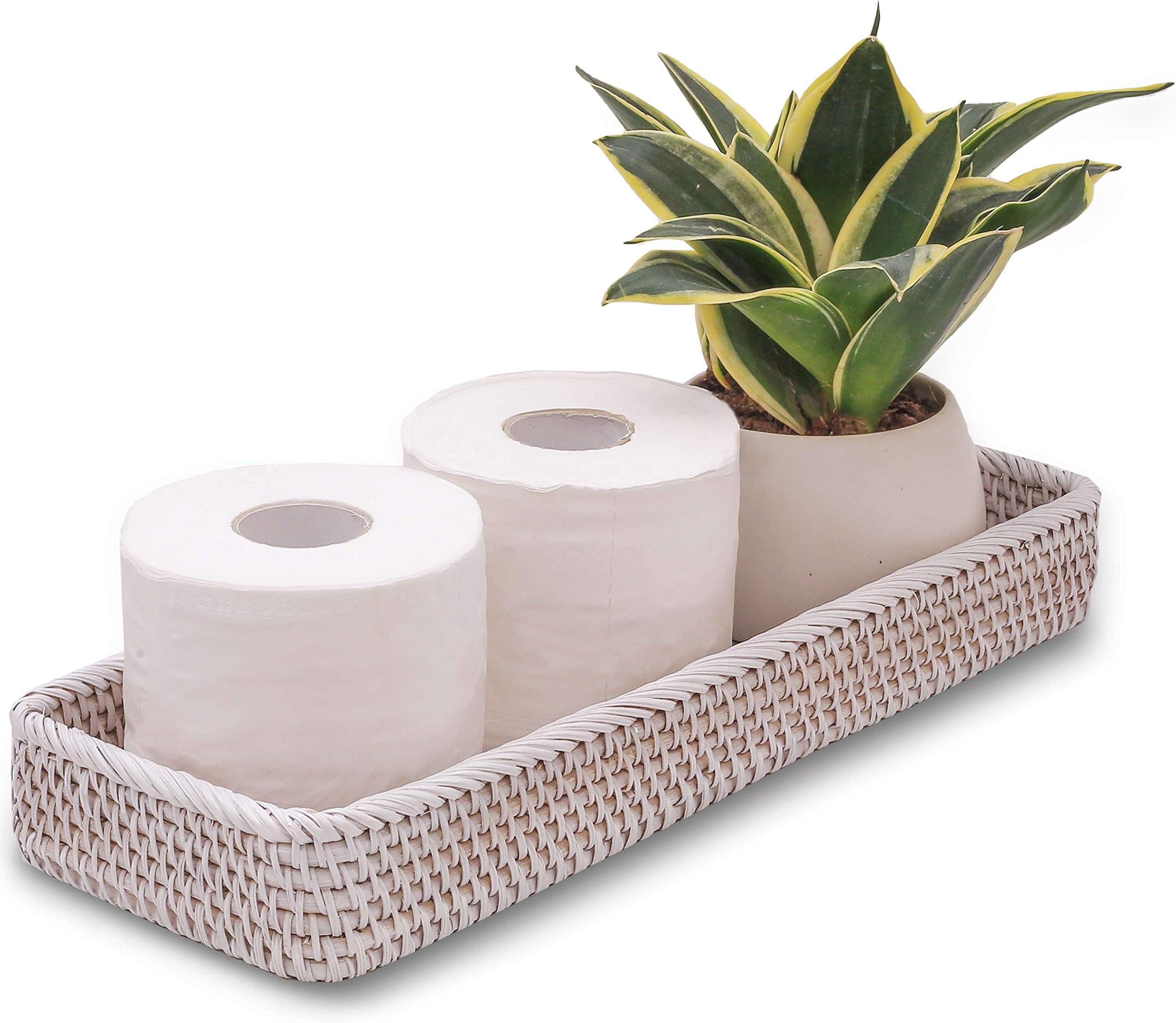 CELEZAR Rattan Toilet Tank Basket Guest Towel Napkin Woven Holder for Serving Organizing Bread Shelves Bathroom Counter Organizers and Storage Decorative Wicker Tray (17 x 6 x 2 inches, White Wash)