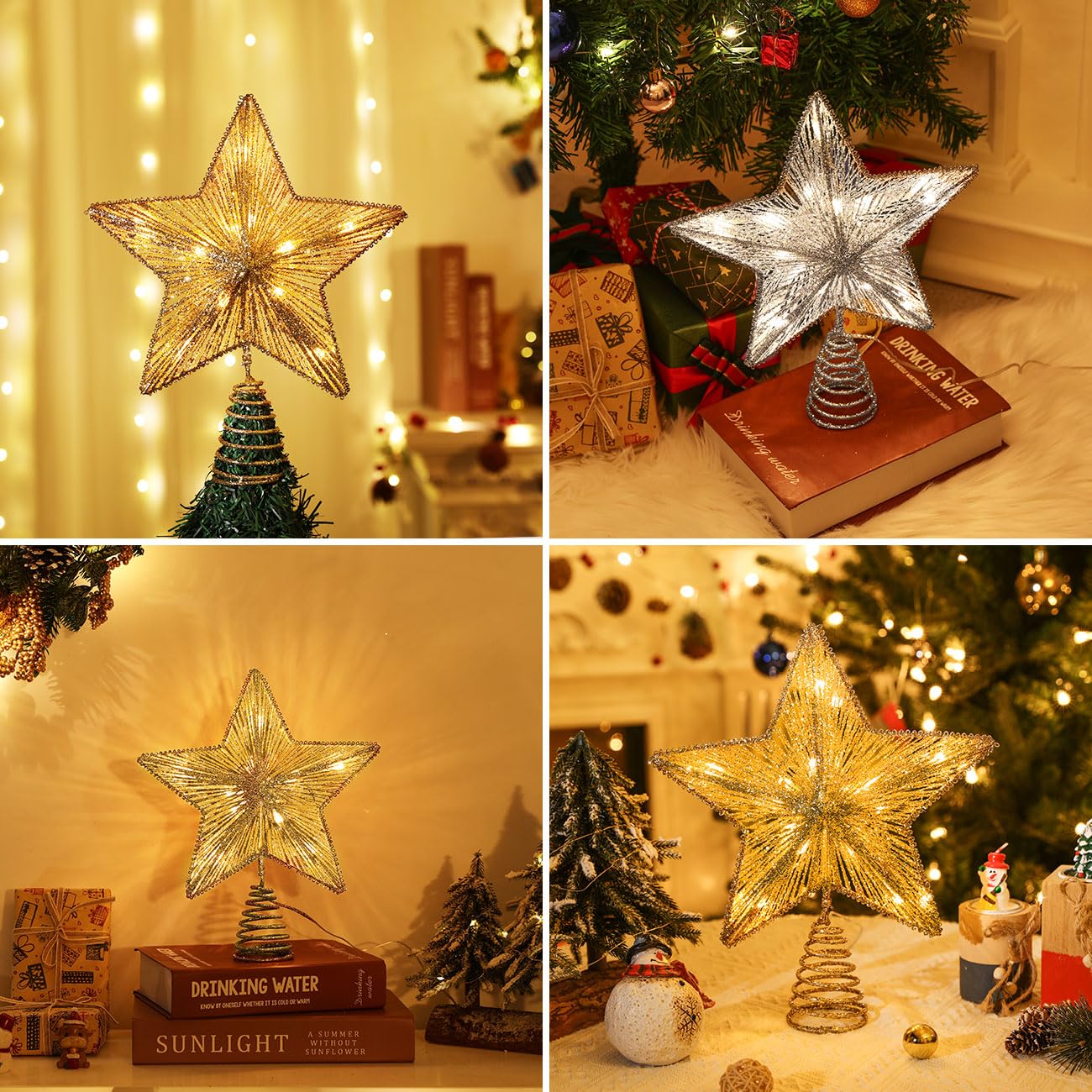 Lewondr Estrella de Cinco Puntas para Árbol de Navidad, Adorno de Árbol de Estrella Brillantes, USB con Mando a Distancia Ornamento Colgantes con Luces Led Decorativo Hogar Jardín, Oro
