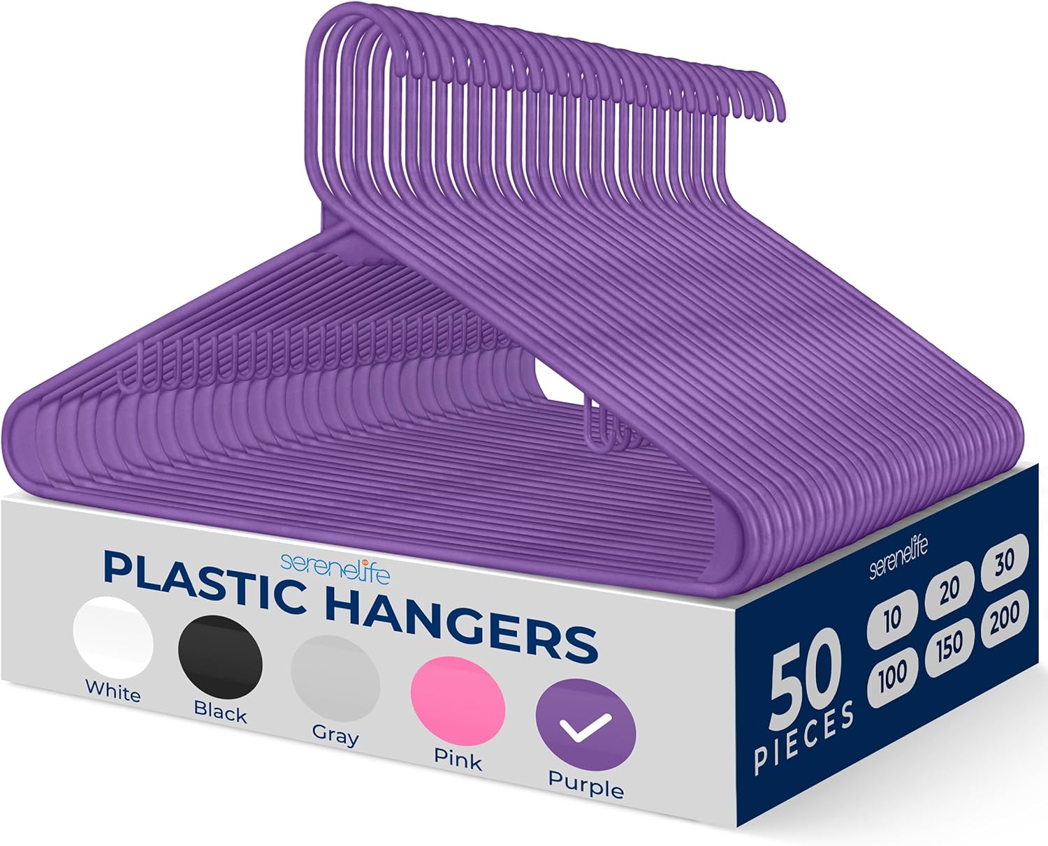 SereneLife 50 Pack Plastic Hangers, Non-Slip, Space-Saving Closet Organizers, Durable and Strong for Shirts, Sweaters, Hoodies, Kids Clothes & Dresses, Ultra-Thin, Lightweight
