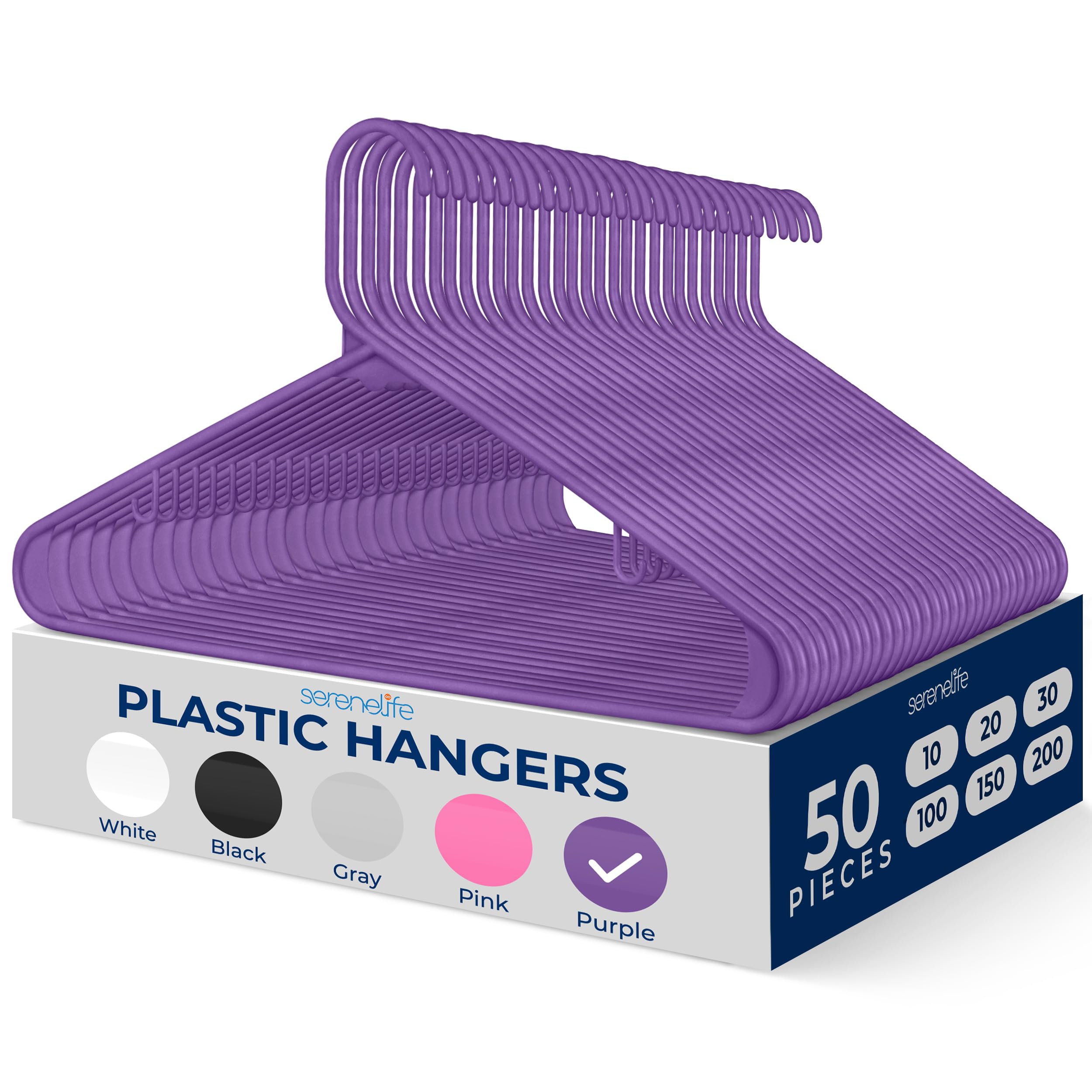 SereneLife Plastic Hangers 50 pcs, Non-Slip Heavy Duty Clothes Hanger Set with 360° Swivel Hook, Smooth Finish to Protect Fabric, Lightweight, Ultra-Thin Hangers for Coats and Other Clothes (Purple)