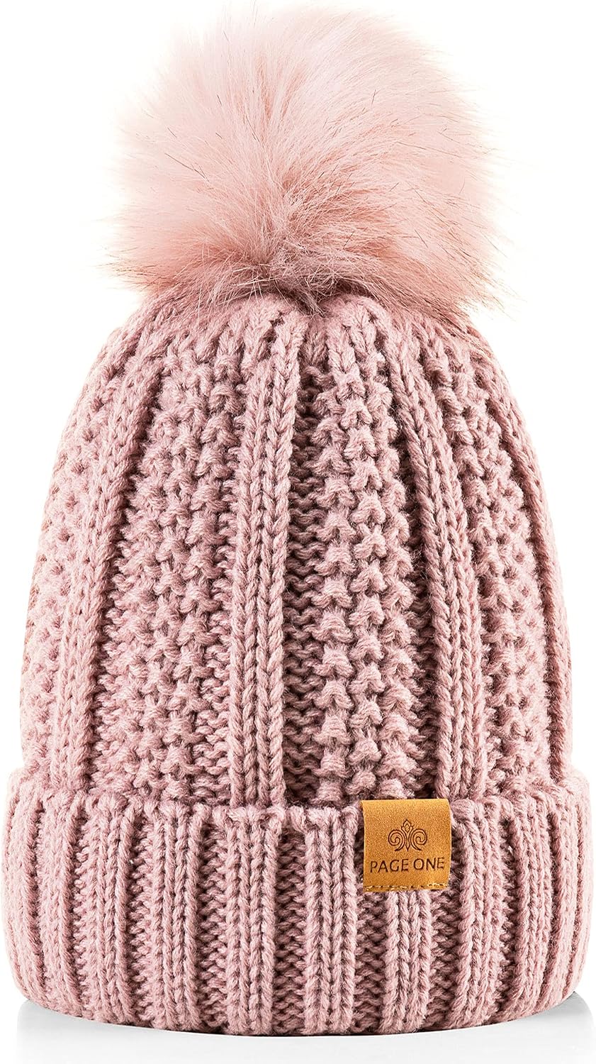 PAGE ONE Womens Winter Thick Cable Knit Beanie Faux Fur Pom Hat Fleece Lined Skull Cap