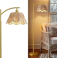 Vista 1 de Oneach Arc Floor Lamp for Living Room,Rattan Boho Floor Lamp with Hand-Woven Shade, Foot Switch,Gold Metal Base & Pole,Farmhouse Standing Lamp for