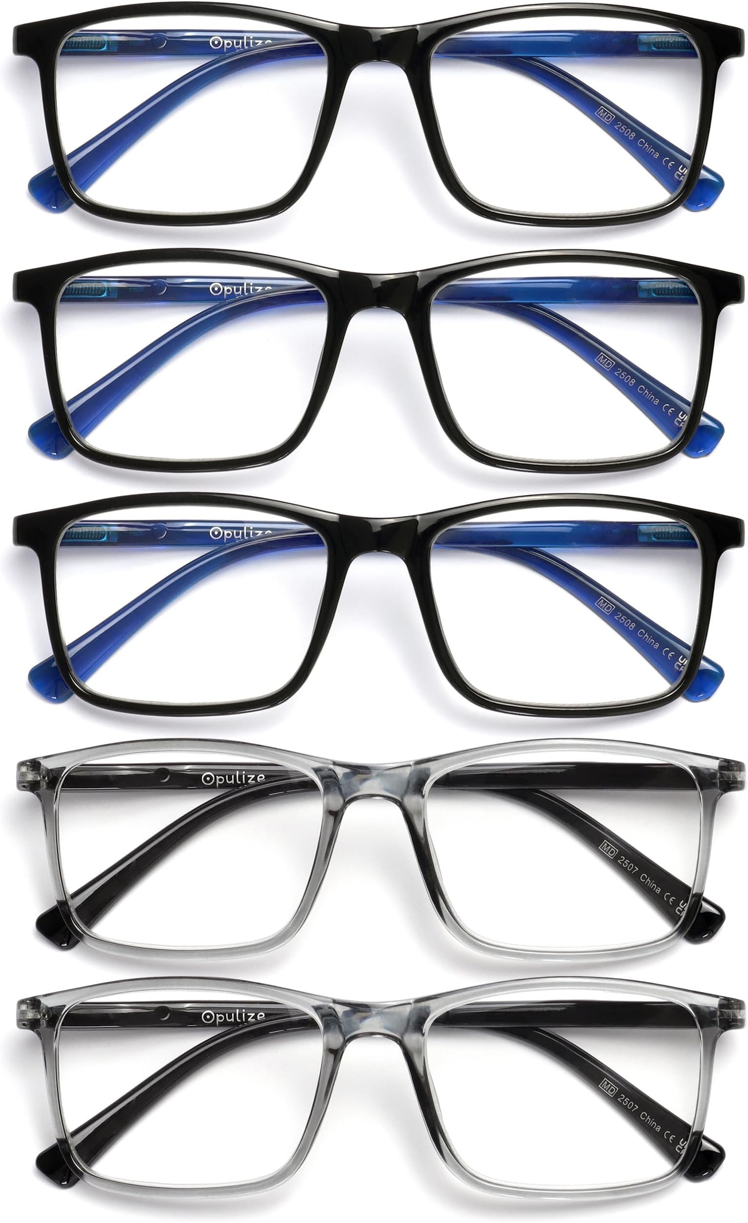 OPULIZE INK Reading Glasses - Value 5 Pack - Large Rectangular Frame - Spring Hinges - Scratch Resistant - Black Grey - Mens Womens +2.00