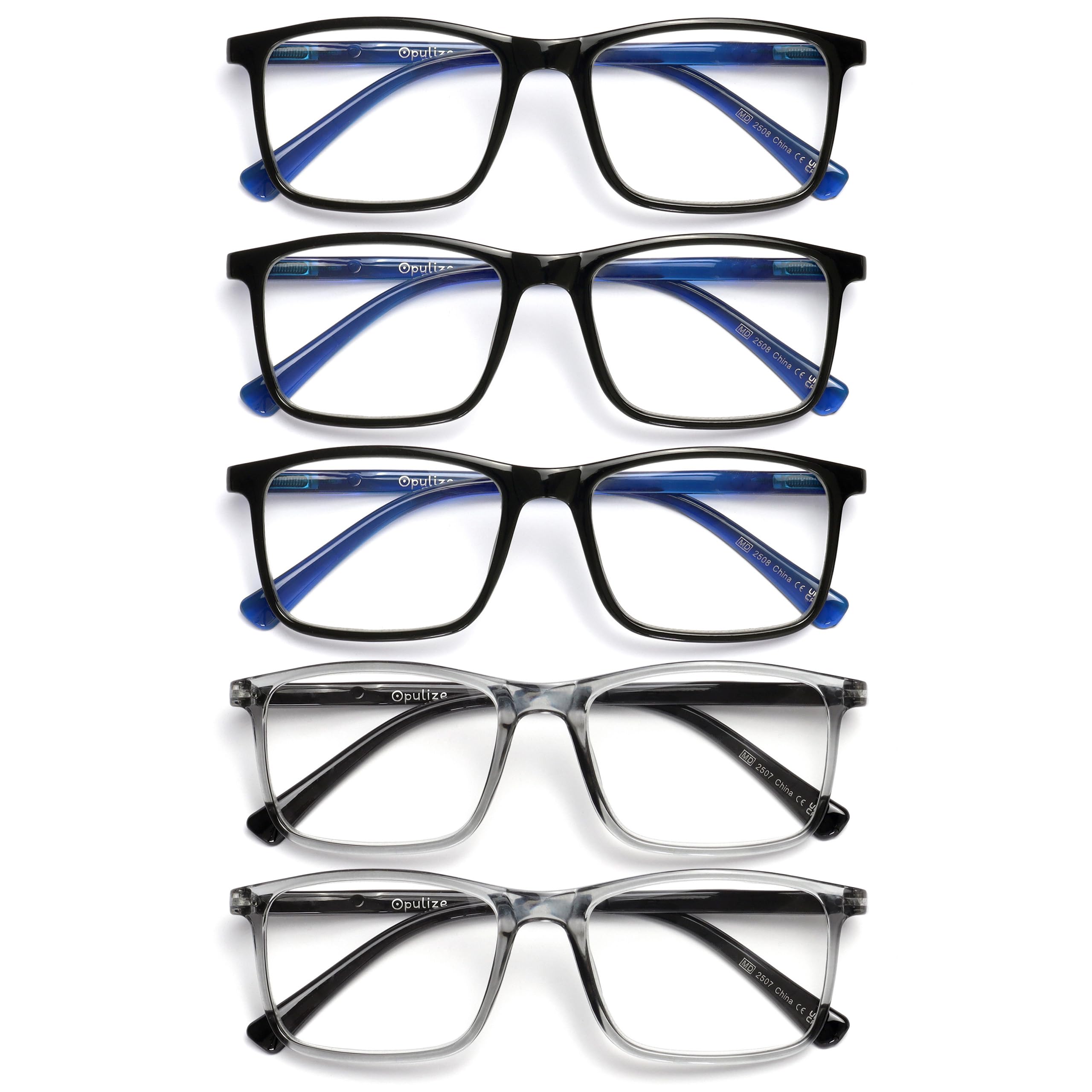 OPULIZE INK Reading Glasses - Value 5 Pack - Large Rectangular Frame - Spring Hinges - Scratch Resistant - Black Grey - Mens Womens +2.50