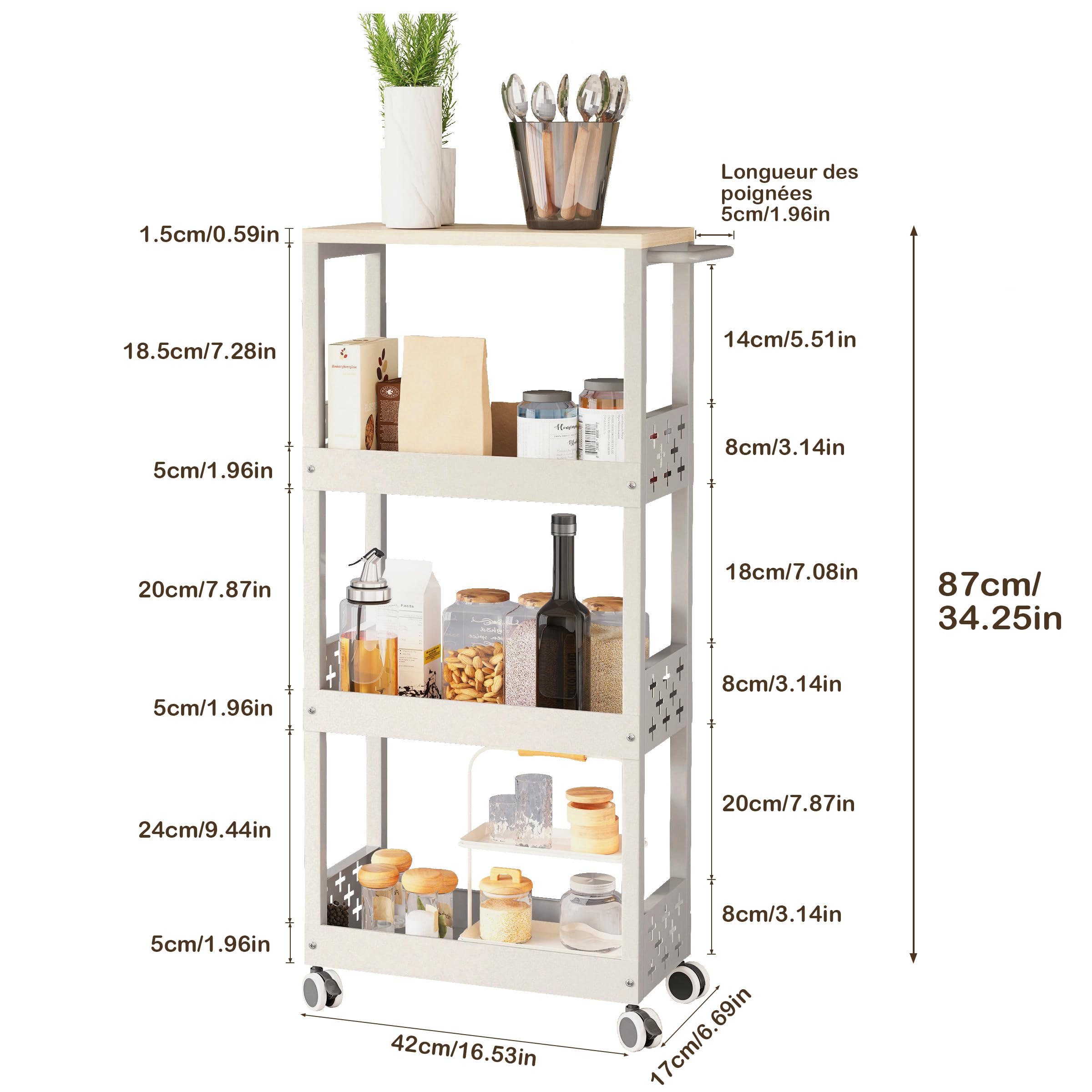 UMDONX Chariot de Cuisine Métal Étroit 4 Niveaux à roulettes, Blanc | Desserte avec Plan de Travail, Étagère de Niche Étroite, Pour Cuisine Bain Salon Balcon