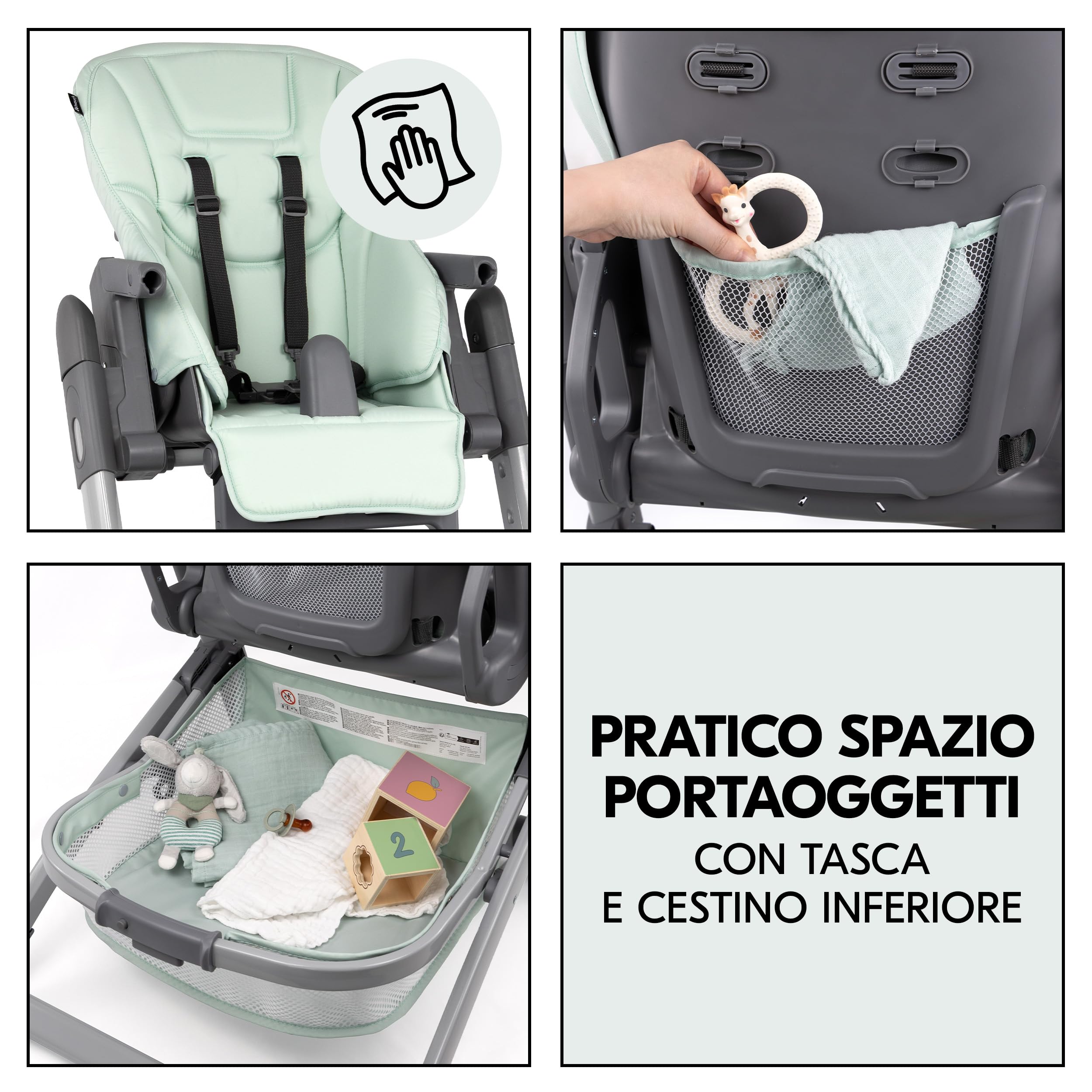 hauck Grow Up Seggiolone Pappa Portatile - Evolutivo Dalla Nascita con Funzione Reclinabile - Pieghevole con Vassoio e Ruote - Regolabile - Mint