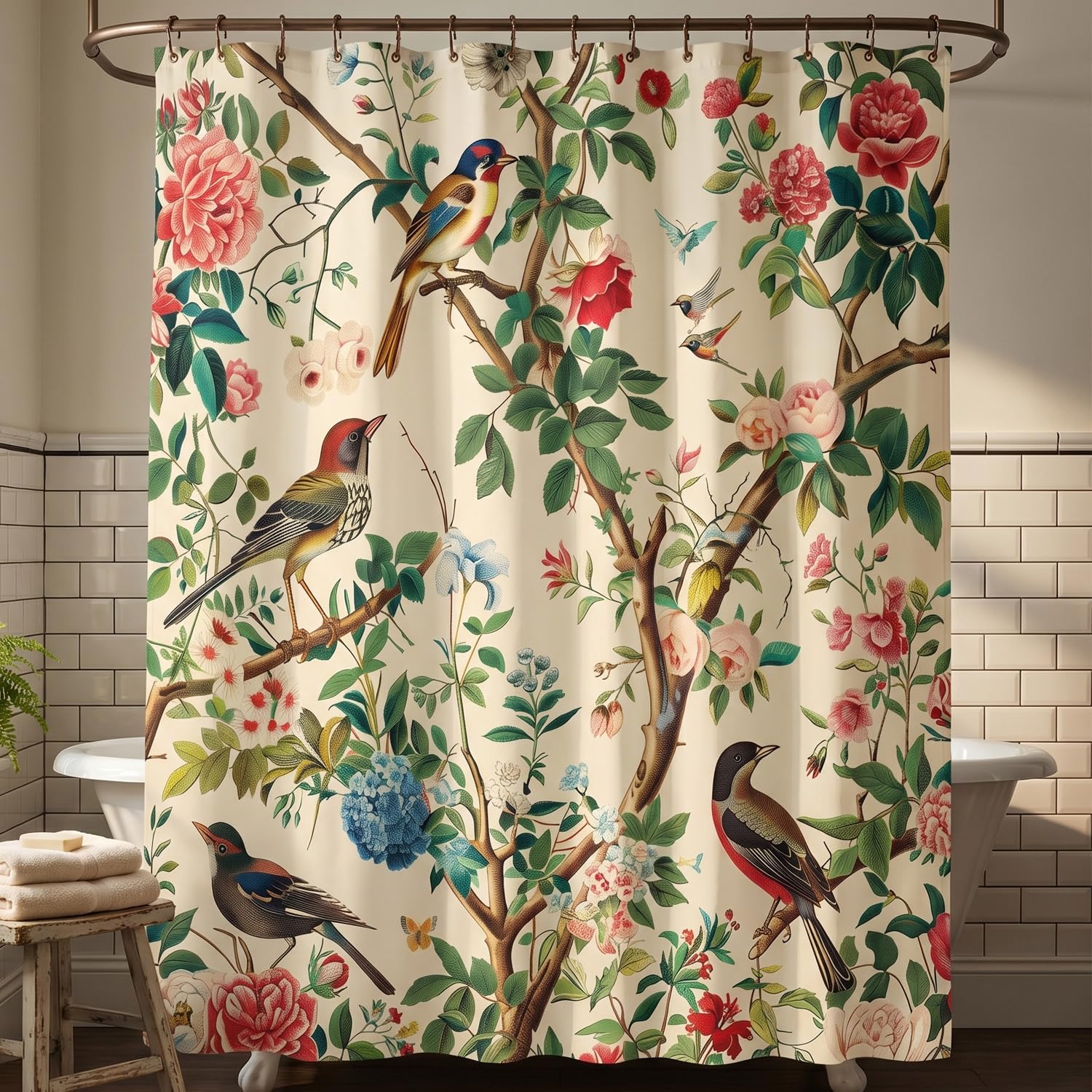 Luvart Shower Curtains for Bathroom, Bird Flower Waterproof Shower Curtain 180 X 180 cm, Floral Bath Curtain with Hooks Bathroom Decor