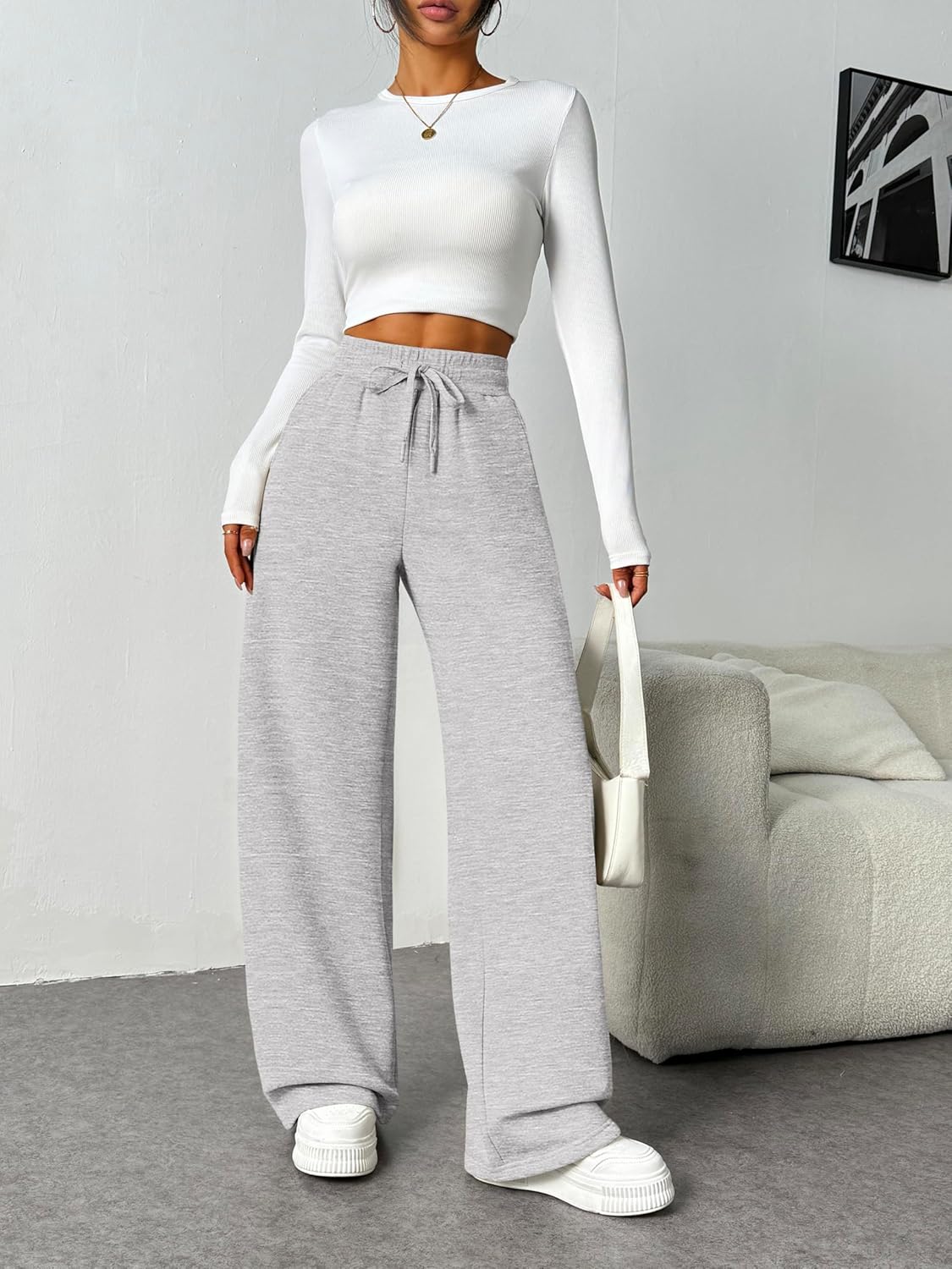 PINSPARK Womens Fleece Wide Leg Sweatpants High Waisted Athletic Sweat Pants Winter Baggy Workout Pant with 2 Pocket - Image 3