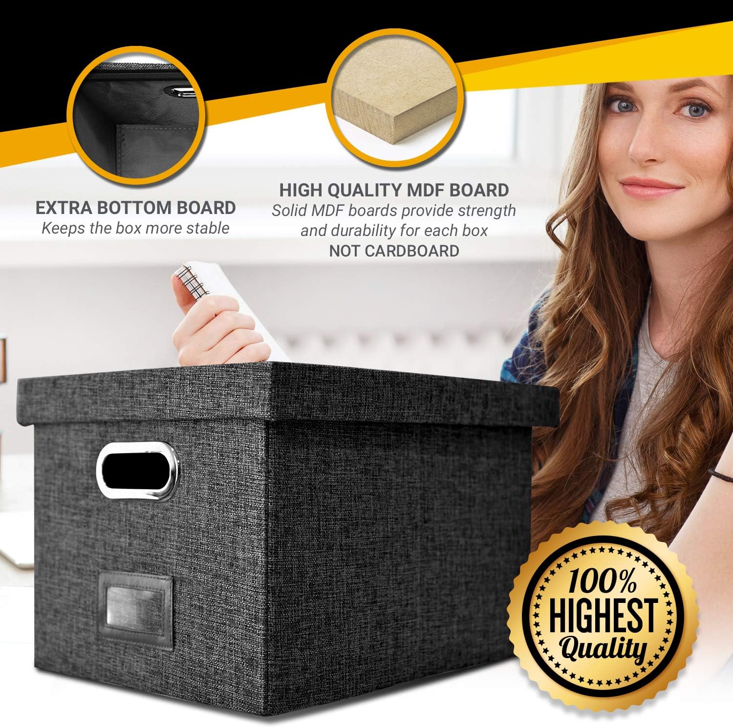 Amazons Best Linen File Box Organizer with a Smooth Rail Filing System | File Folder Organizer | Hanging File Box | Collapsible File Storage | Paper Organizer Box | Document Organizer