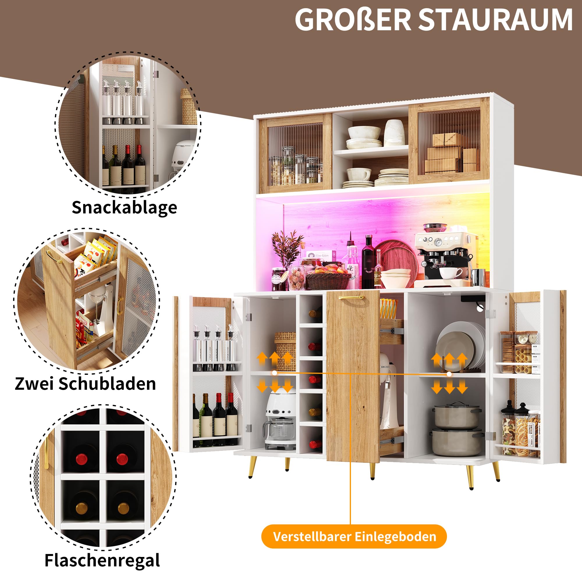 Multifunktions-Küchenschrank mit LED-Beleuchtung und Integrierte Steckdose, Hochschrank mit Weinregal und Snackregal, Buffetschrank mit 5 Türen und Offene Regale, Weiß-C, 120x40x170 cm