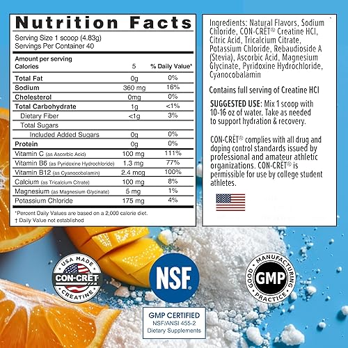 Miniatura 2 de CON-CRET Creatina HCl + Hidratación  Tina de polvo de electrolitos  Mango cítrico  Electrolitos sin azúcar  Fórmula de rehidratación con potasio,