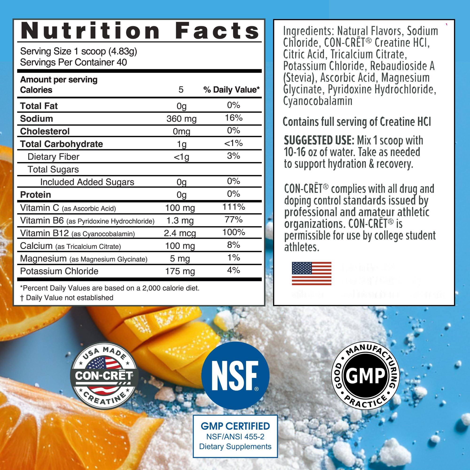 CON-CR?T® Creatine HCl + Hydration | Electrolyte Powder Tub | Citrus Mango | Sugar Free Electrolytes | Rehydration Formula w Potassium, Sodium, Zinc, Magnesium to Hydrate & Recover (40 serv)