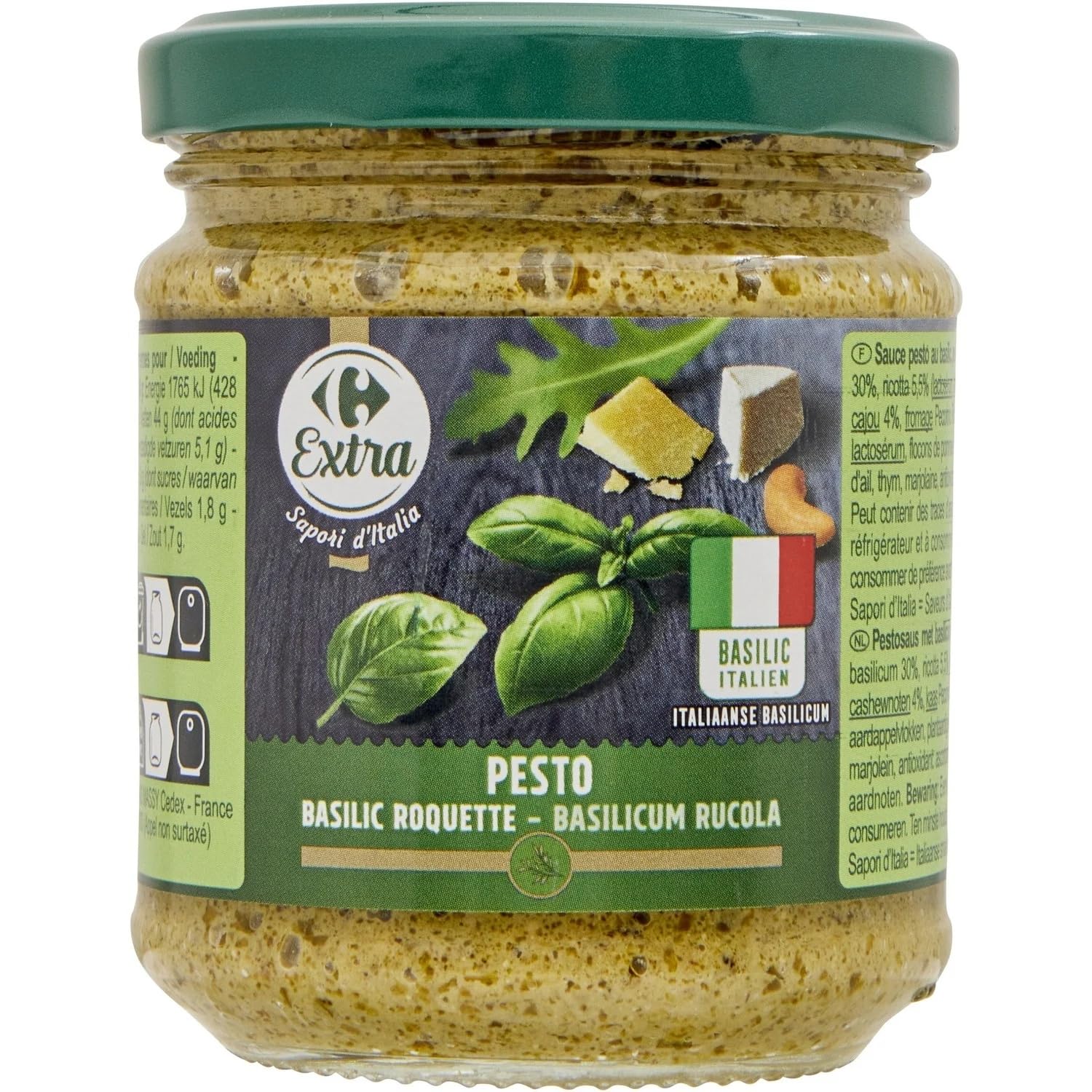 CARREFOUR EXTRA - Sauce Pesto Basilic Roquette - Basilic Italien · Noix de Cajou · Roquette Fraîche · Ricotta et Pecorino Romano AOP · Crémeuse - Le Pot de 190g - Le Lot De 4