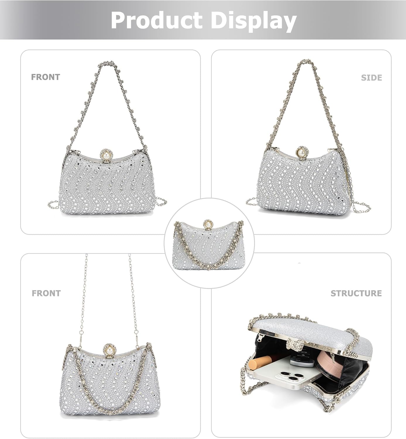 Evening Bag Clutch Purses for Women Rhinestones Purse Sparkling Party Shoulder Handbag Wedding Bag with Chain - Image 4