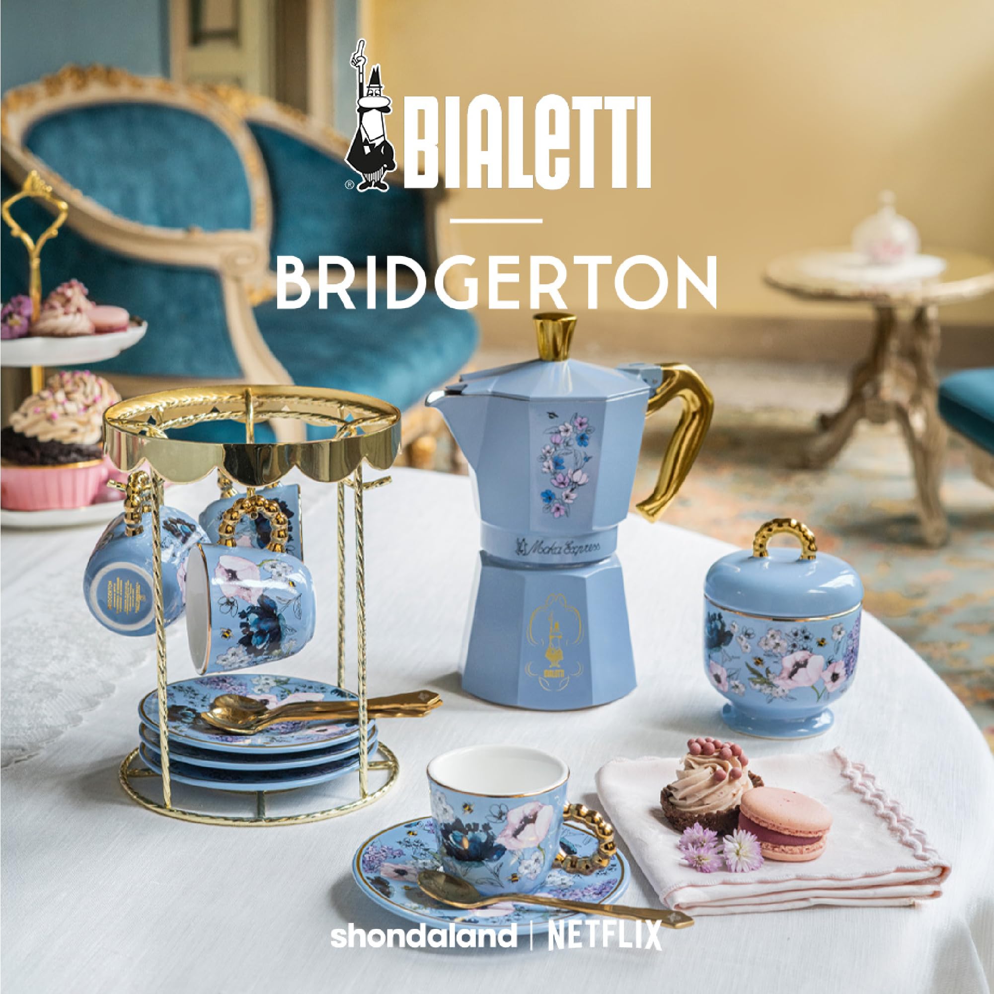 Bialetti - Bridgerton Set Giostra 4 tazzine e piattini 65ml, Porcellana e Ferro