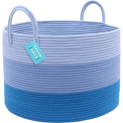 OrganiHaus Toy Storage Basket for Kids, Large Cotton Rope Organizer Bin for Nursery, Toy Box, Blanket Holder, Baby Hamper for Living Room, Soft & Washable, 20x13 inches - Blue
