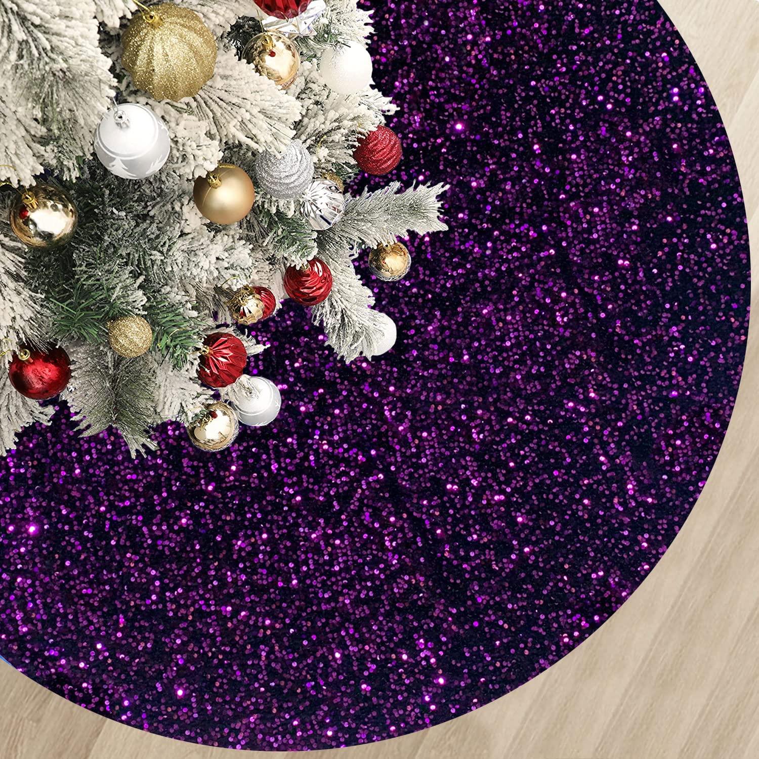 MODFUNS Purple Christmas Tree Skirt 46 Inch Sequin Tree Skirt Glitter Christmas Tree Skirt Large with Velvet Tree Carpet Halloween Decoration for Tree Vintage Tree Blanket Metal Tree Skirt