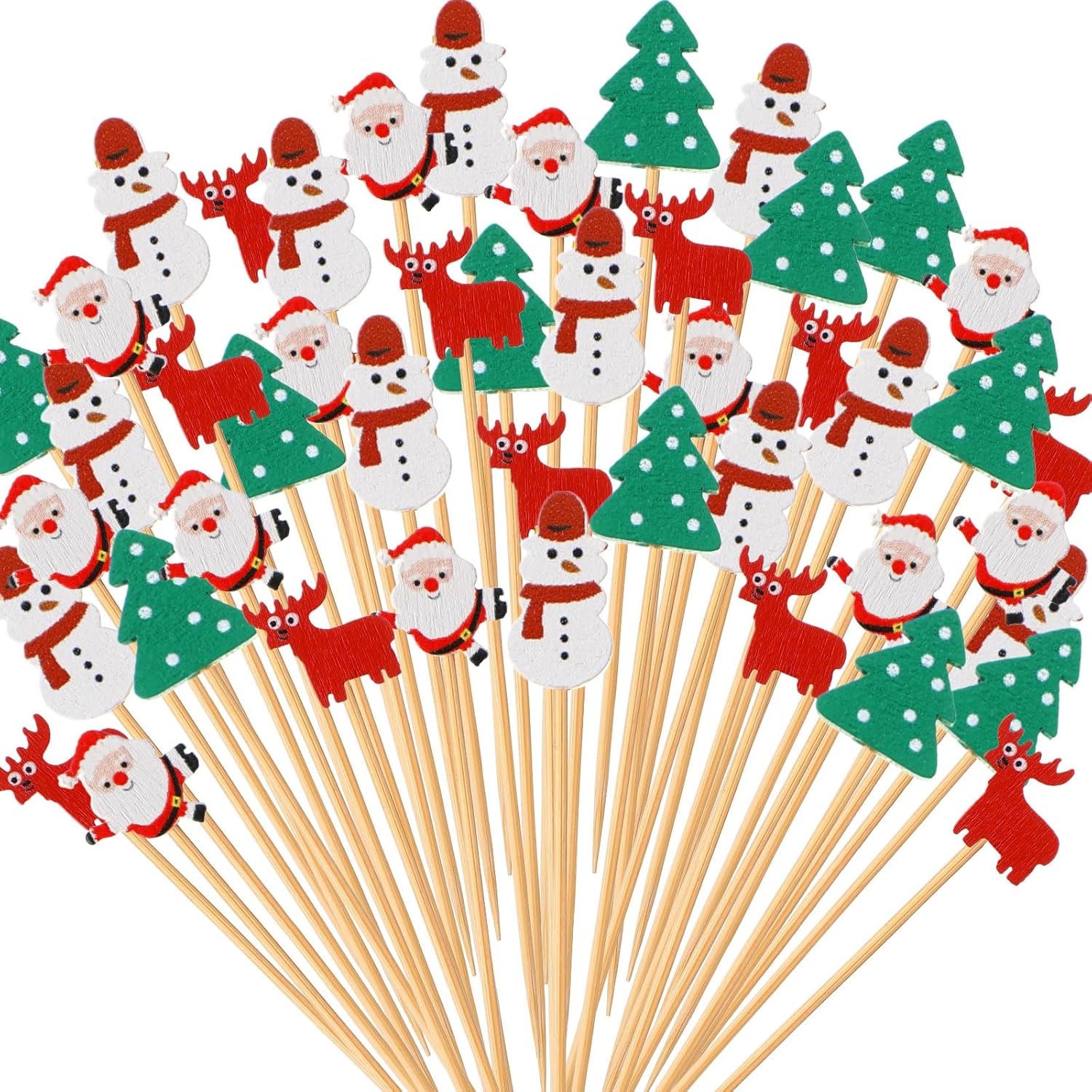 Remerry 1000 Pcs Christmas Cocktail Sticks 4.7 Inch Toothpicks Xmas Tree Snowman Santa Claus Elk Shape Fruit Picks Wooden Bamboo Appetizer Picks for Christmas Holiday Party Food Decorations