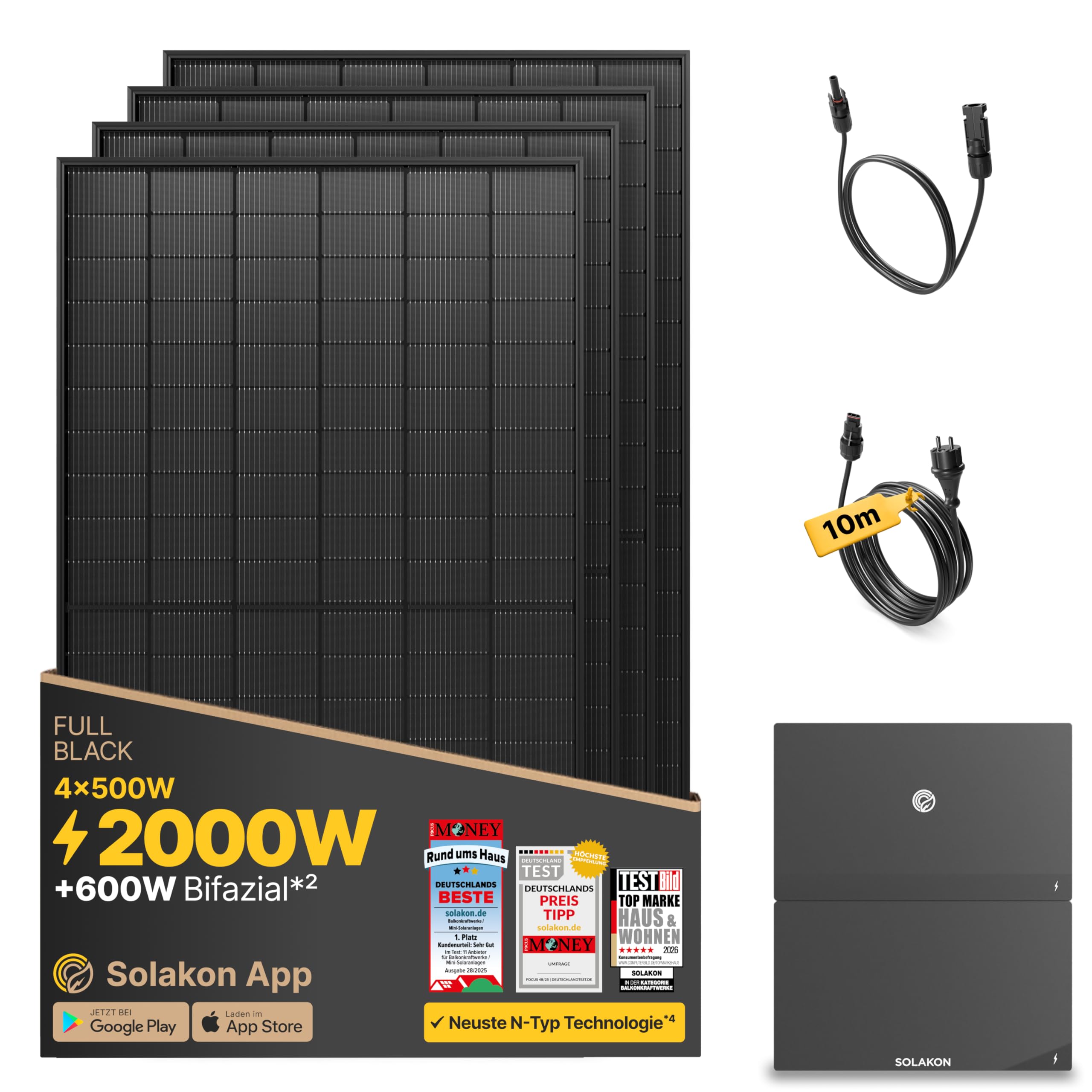 Solakon® 2000W Balkonkraftwerk mit Speicher - 2000 Watt komplett Steckdose &amp; 800W Hybrid-Wechselrichter - Solaranlage Komplettset - 4x 500W PV-Module &amp; 4,22 kWh ONE Speicher für Balkonkraftwerk – Amazon Angebot
