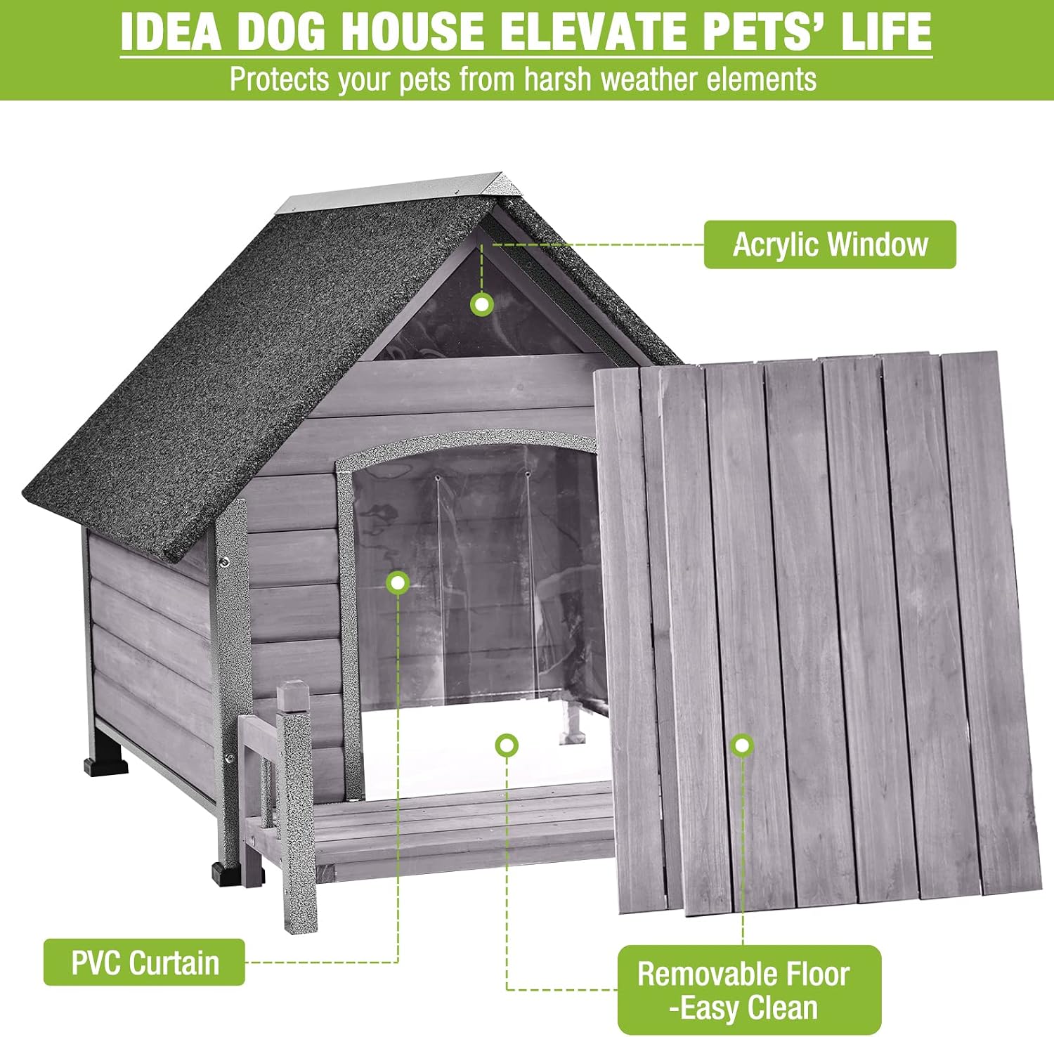 Dog House Outdoor Indoor Wooden Dog Cage with All Iron Frame Anti-Chewing for Small Medium Large Dogs Use,Raise Floor with Customized Plastic Feet Pad.