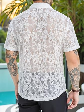 INVACHI Men's Sexy Lace See Through Shirts Blouse Long Sleeve Button Down Fishnet Sheer Shirts