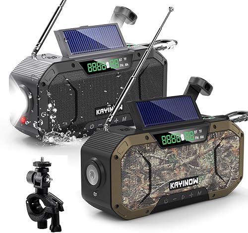 Bluetooth Radio de emergencia Altavoz impermeable, radio AM FM portátil, radio de energía solar con manivela, batería de 5000 mAh, radio