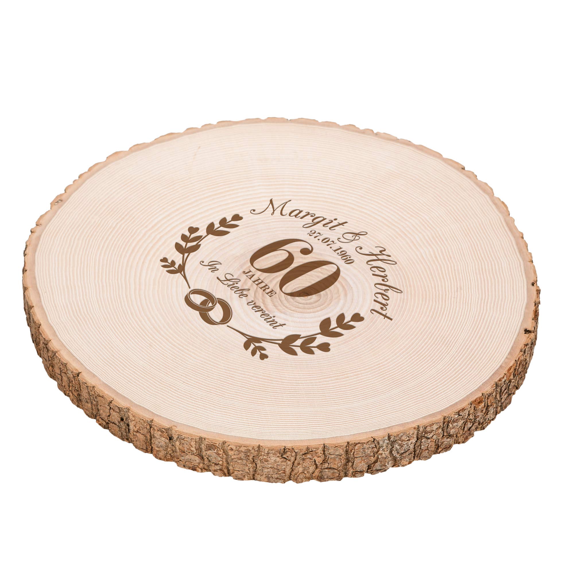 Casa Vivente Große Baumscheibe mit Gravur zur Diamant-Hochzeit Personalisiert mit Namen und Datum, In Liebe Vereint, Wand-Deko, Türschild, Gästebuch, Geschenkidee für Paare zum 60. Hochzeitstag