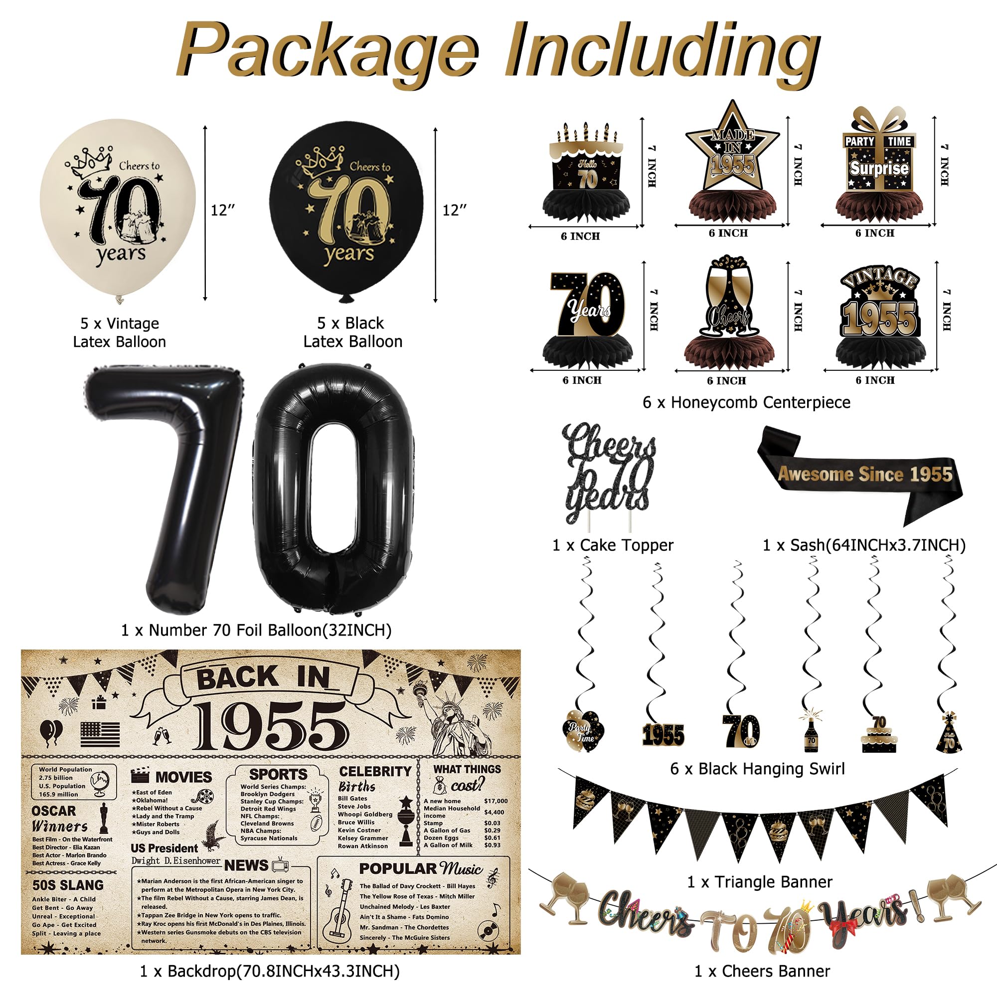DARUNAXY 70th Birthday Party Decorations for Men Women, Vintage Back in 1955 Banner, Black 70 Number Balloons & Cake Topper, Vintage 1955 70 Birthday Honeycomb Hanging Swirl Confetti Balloons(28PC)