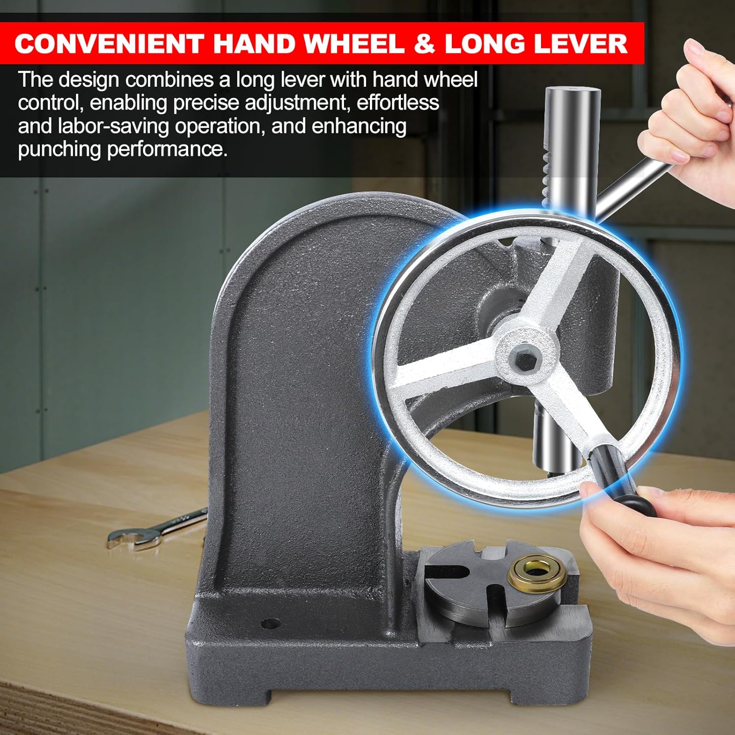 hightall 1 Ton Arbor Press,Handwheel & Long Lever Operation | Cast-Iron Frame, Stainless Steel Ram | 3 Drifts (Flat/Pointed/Round), 5.5" Max Height, Table-Mountable for Metal Stamping, Leathercraft