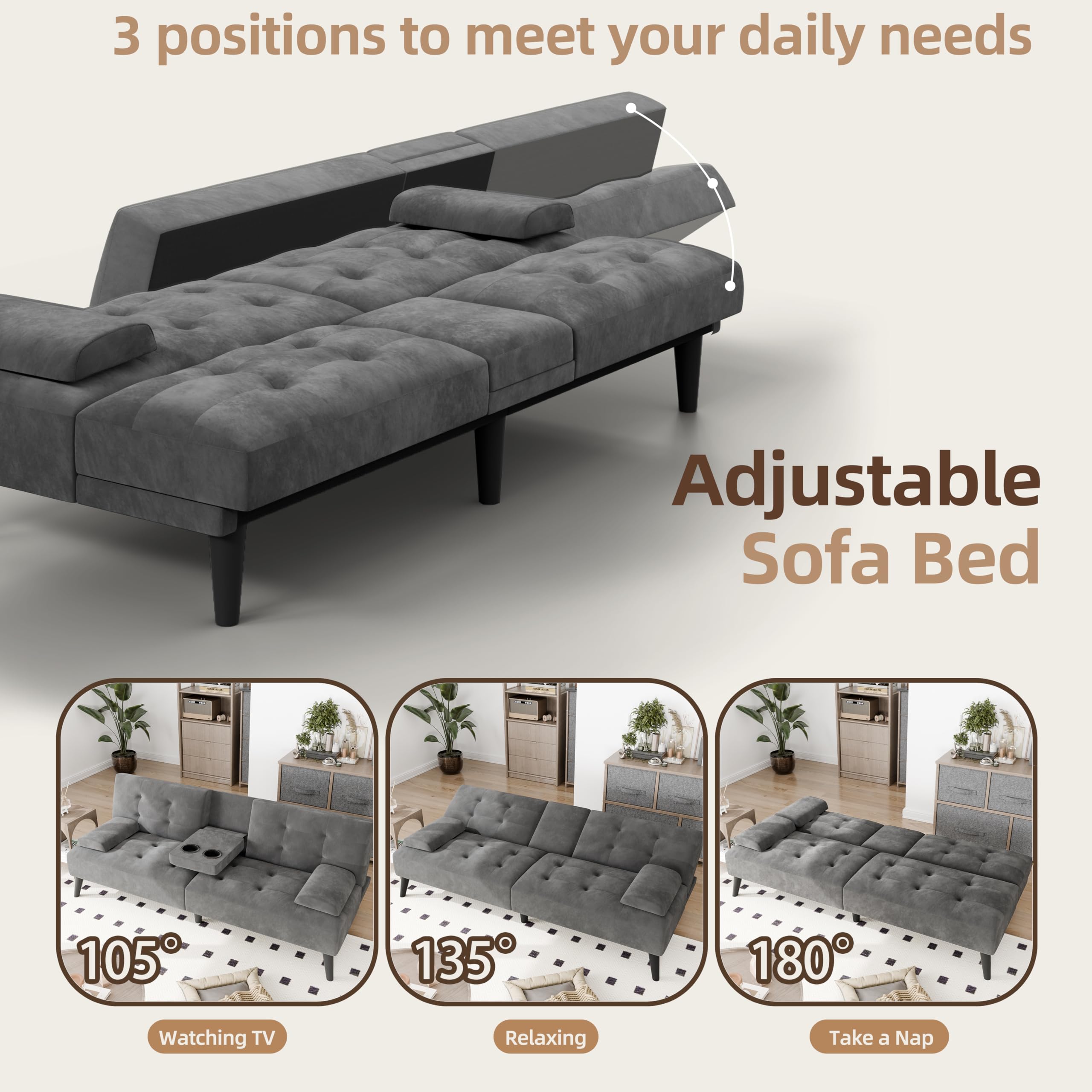 Futon Sofa Bed, 64" Small Futon Couch with Adjustable Backrest, 3-Angle Recliner, Detachable Armrests with Cup Holders for Small Spaces (Dark Grey Velvet)