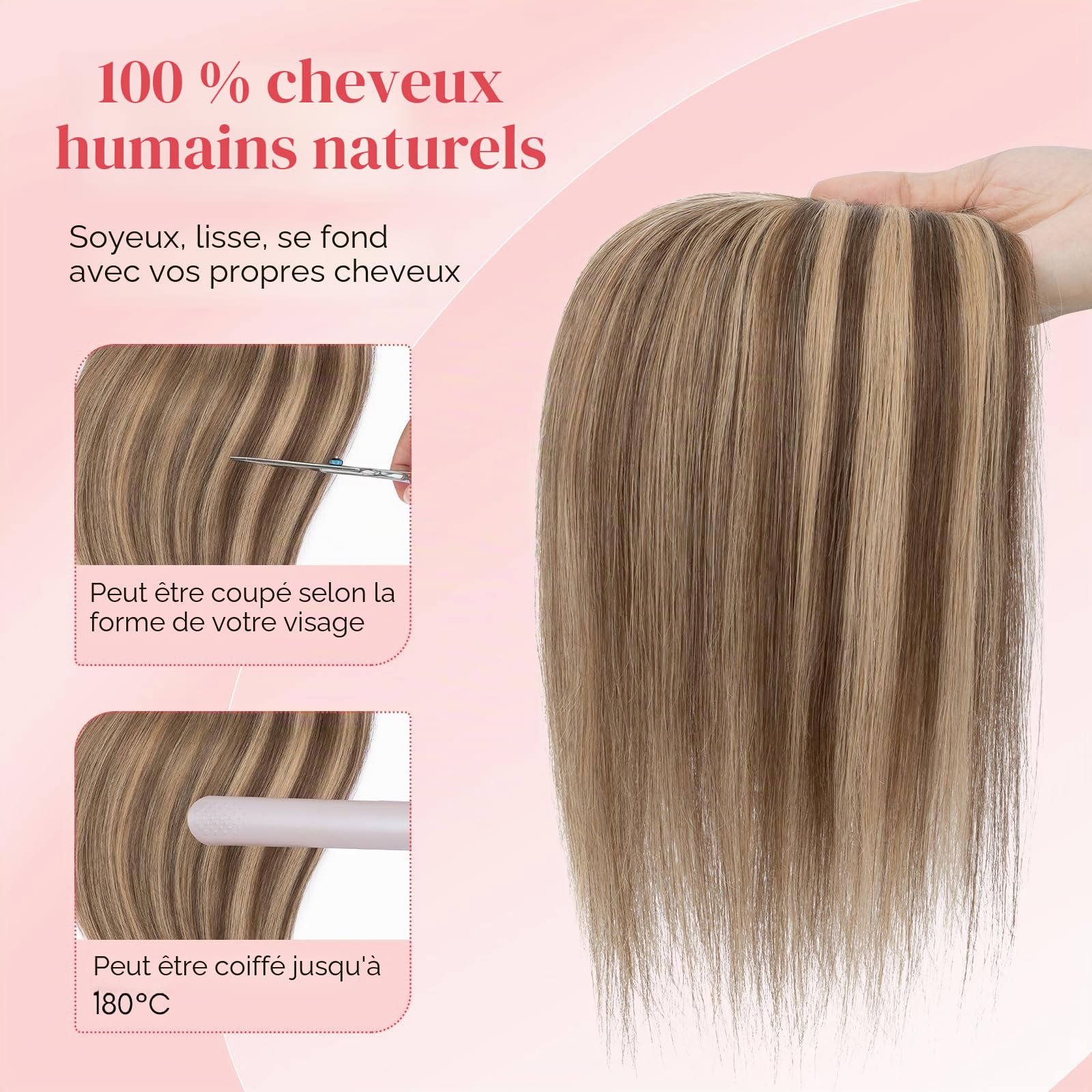 Elailite Volumateur Capillaire Femme Naturel a Clip Cheveux Naturel Toupet Humain (Base 10cm*12cm) 15cm 27g #4+27 MARRON CHOCOLAT MECHE BLOND FONCE