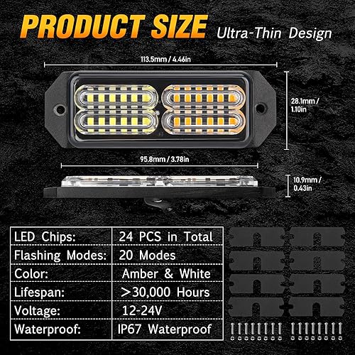 Miniatura 6 de Luz estroboscópica ámbar y blanca de 24 LED para vehículos, luz LED a la parrilla de montaje en superficie, 20 modos de flash, luz estroboscópica
