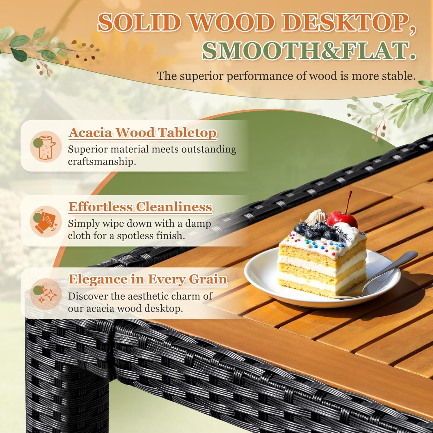 7 Pieces Outdoor Patio Dining Conversation Sets with 1 Table and 6 Rattan Chairs with Curved Acacia Wooden Armrests and Cushions for Backyard Porch Balcony