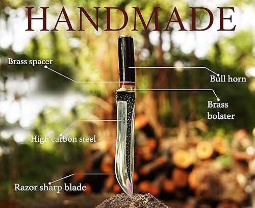 Miniatura 2 de SUSA KNIVES Cuchillo Bowie de hoja fija de 14 pulgadas  Cuchillo de caza, funda de cuero con mango de cuerno  Diseñado para caza, supervivencia,