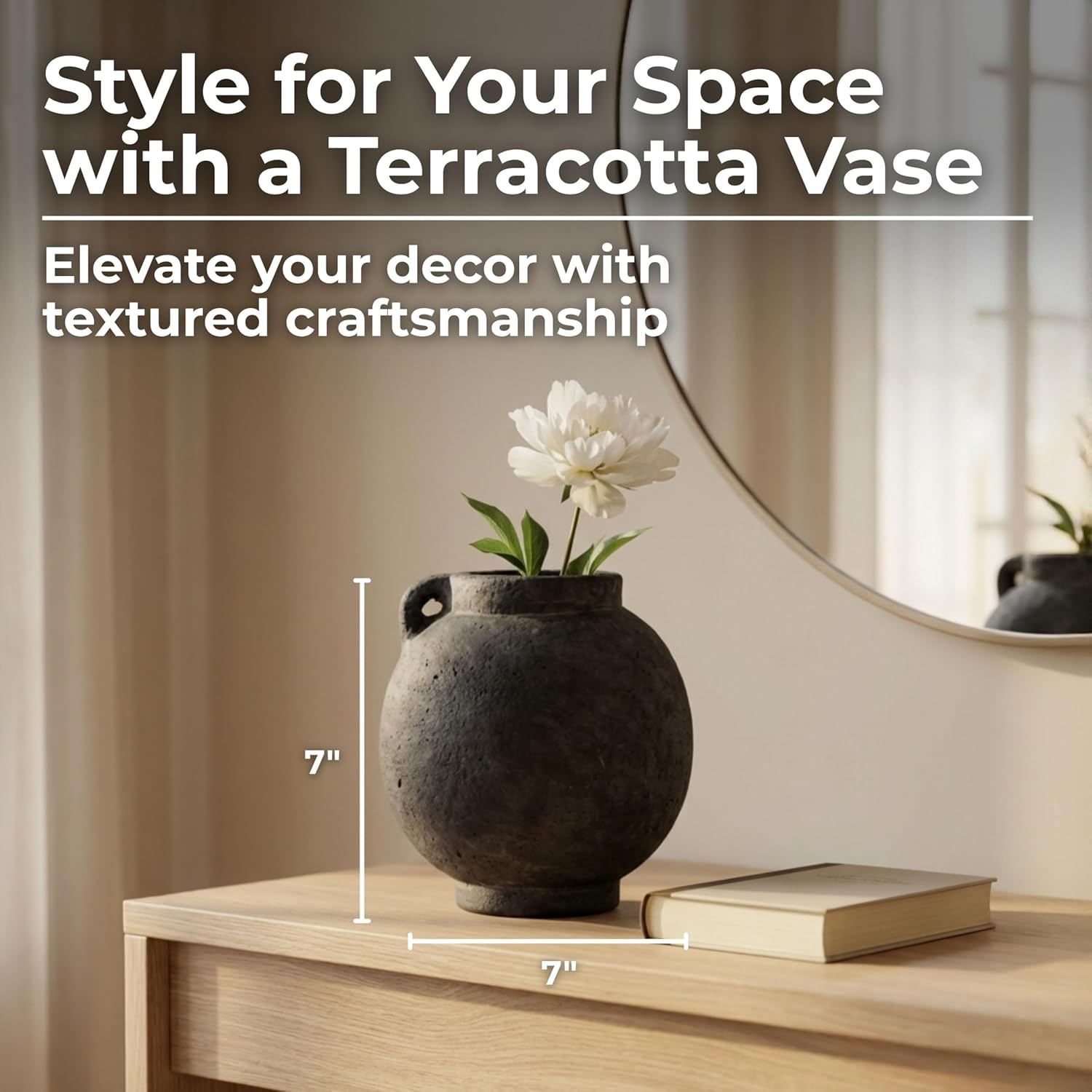 Decorative Vase for Home Decor – Modern Terracotta Flower Vase with Handle, Aesthetic Table Vase Centerpiece for Living Room, Dining Room, or Entryway Display, Contemporary Accent – 7", Black
