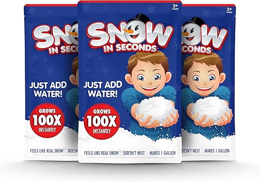 3 Pack of Snow in Seconds Instant Snow Artificial Snow Small Bag - (Makes 1 Gallon of Fake Snow Each)