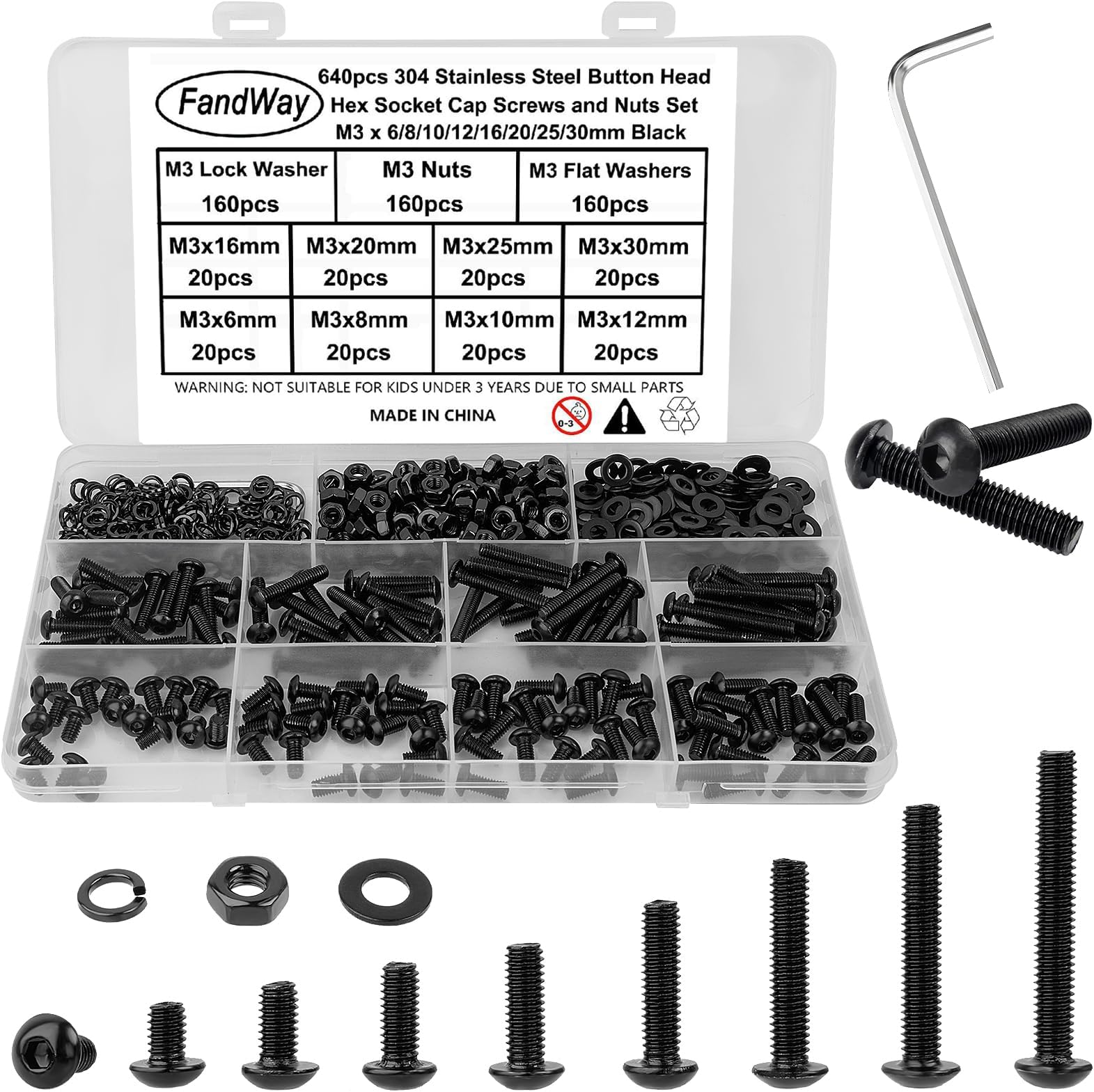 640Pcs M3 Bolts and Nuts Set,Black Button Head Machine Screws,304 Stainless Steel Allen Screws,Hex Socket Cap Screw Nut Bolt and Flat & Lock Washers Assortment Kit,Fully Threaded With Key.
