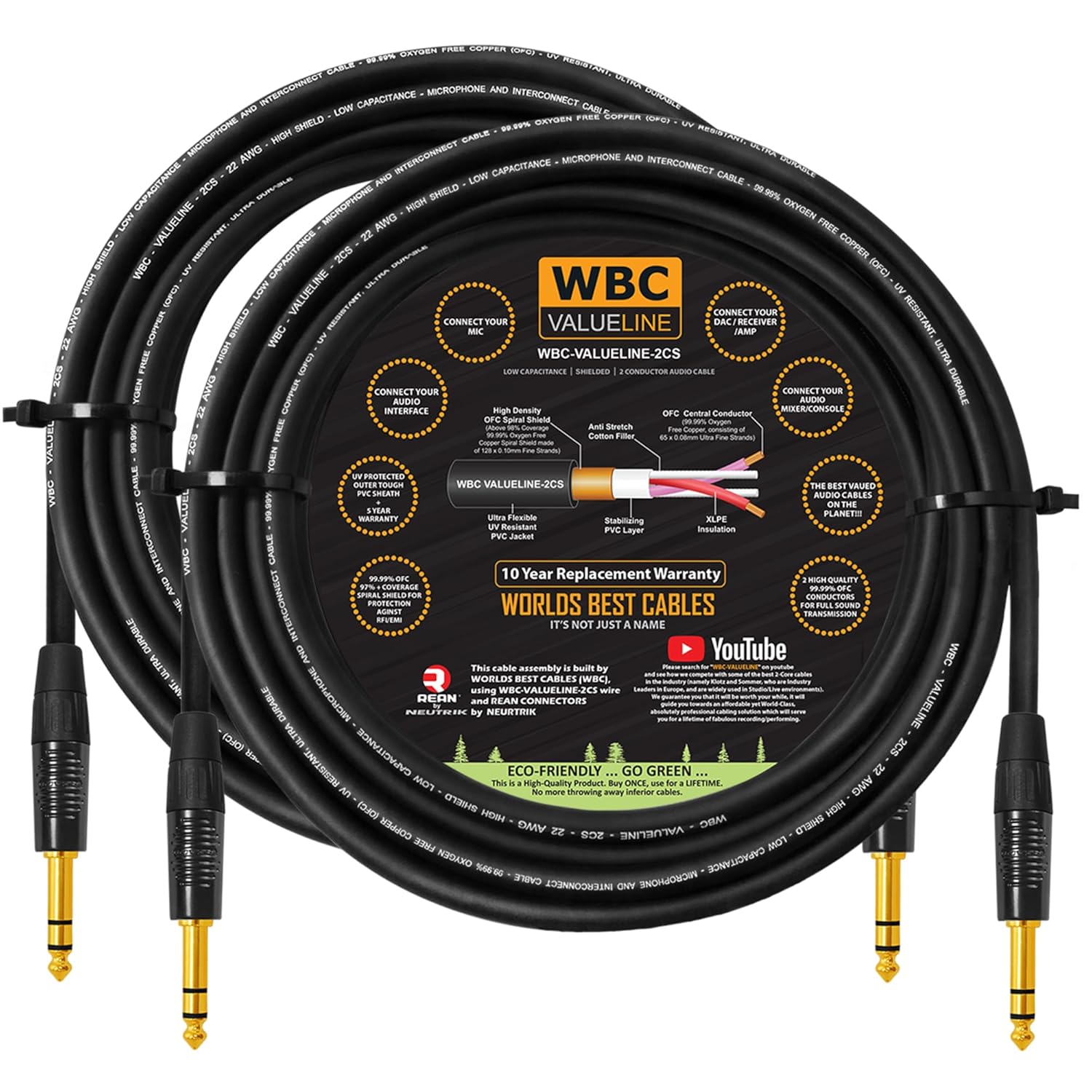 WBC-VALUELINE-2CS (22 AWG) - 2 Units - 8 Foot - Low-Capacitance Shielded Balanced Flexible Interconnect Cables with Neutrik-Rean ¼ Inch (6.35mm) Gold Straight TRS Stereo Phone Plugs