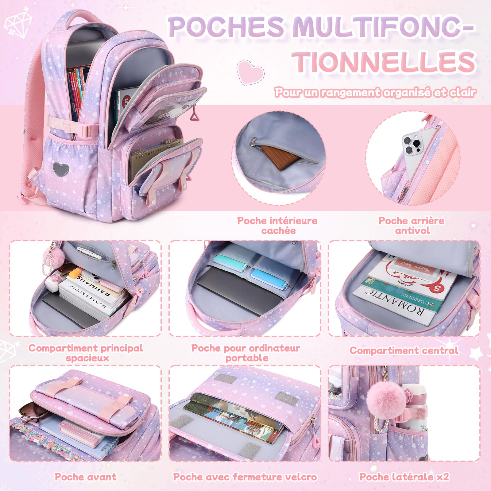 Sisipoet Sac à Dos Enfant Fille, Cartable Fille Primaire, Sac a Dos à Paillettes et Coeurs, Sacs à Dos Loisir Imperméable et Respirant avec Pompon pour L'école et Les Loisirs