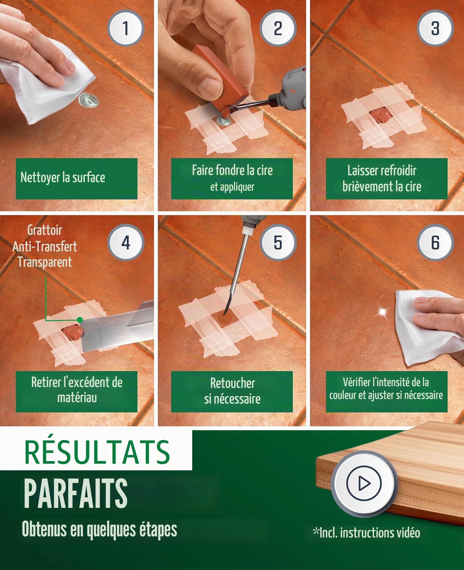 Kit de réparation de carrelage avec fontaine 2 en 1 pour carrelage, convient également pour le stratifié, le parquet et le sol en vinyle – Kit de réparation 19 pièces (marron/gris)