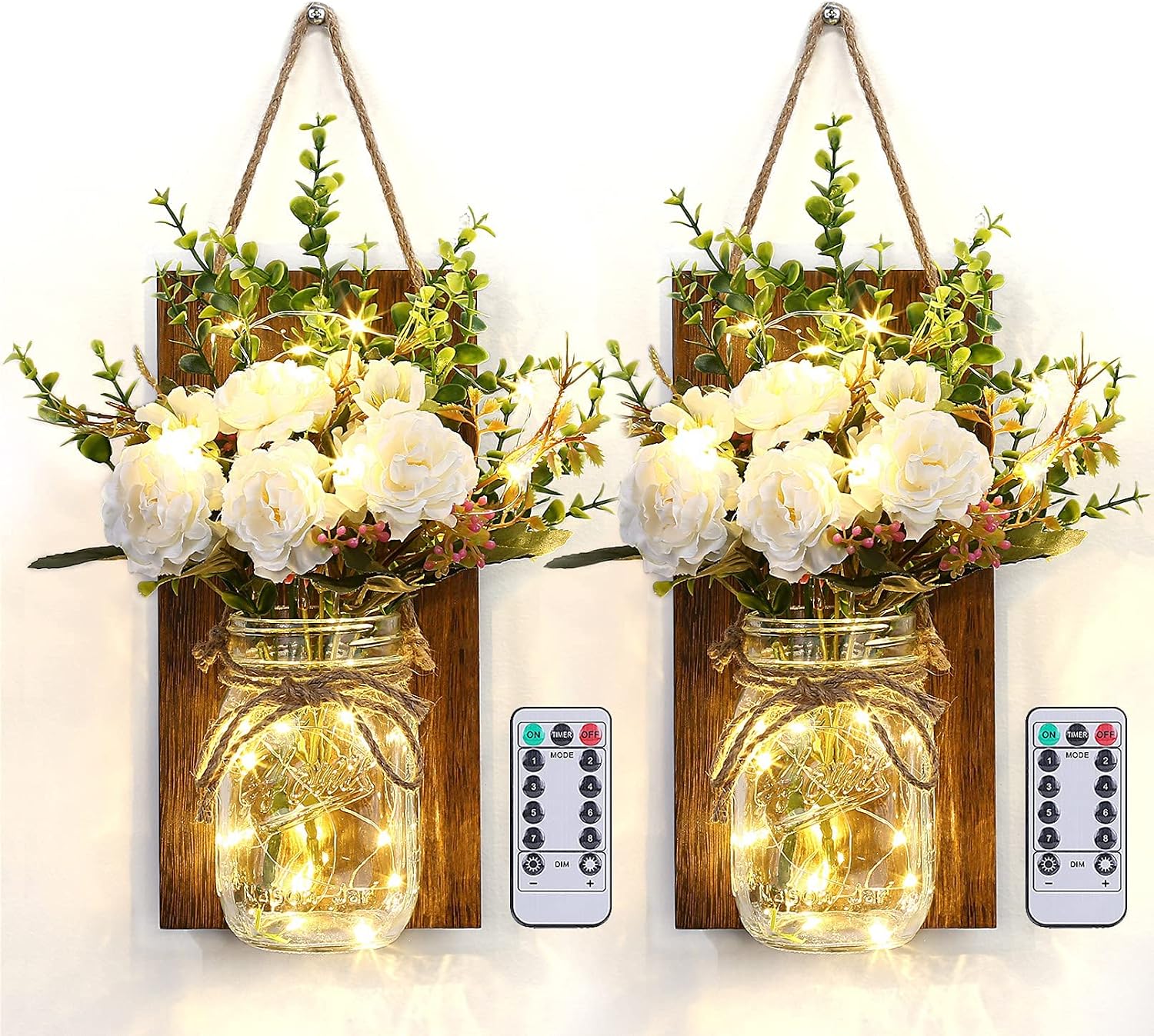 Wall Decoration for Living Room, 2PCS Mason Jar Wall Lights Dimmable, Timer with Remote, Vintage Rustic Home Decor, Artificial Flower LED Fairy Lights, Warm White Wall Decor for Bedroom